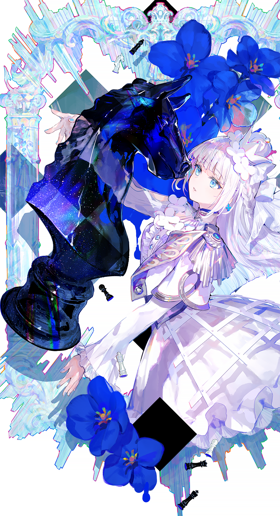Anime Anime Girls Chess Chess Knight White Hair Braids Long Hair Crown Flowers White Dress Dress Scu 923x1700