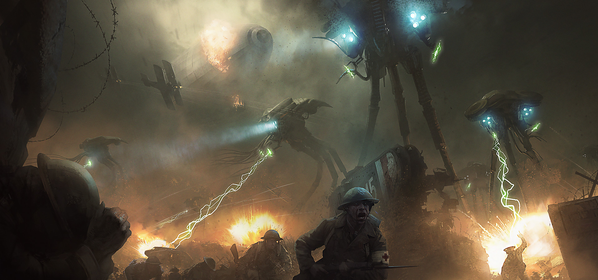 Science Fiction High Tech Aliens War Of The Worlds WWi Biplane Fire Smoke Xenos War Tripods 1920x899
