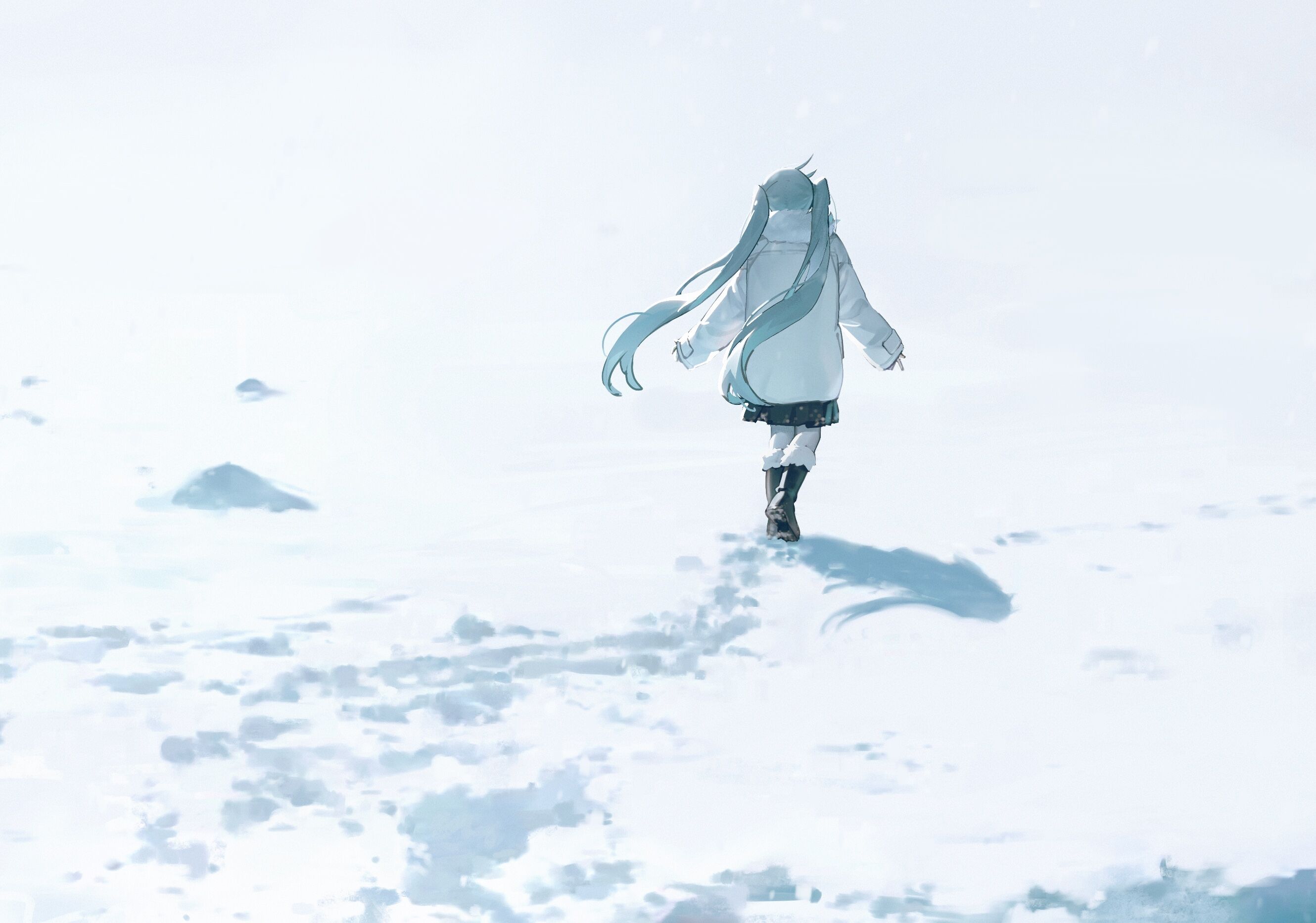 Pixiv Anime Snow Hatsune Miku Vocaloid Anime Girls Twintails Coats Simple Background White Minimalis 2660x1865
