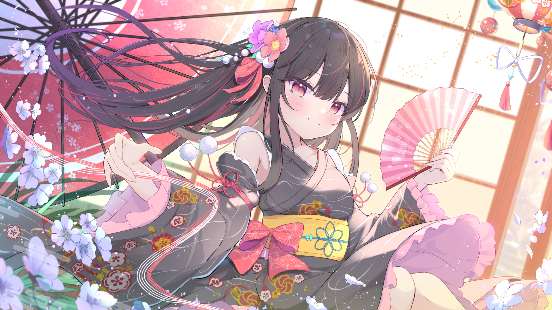 Kimono Fan Wennan Long Hair Music Game Anime Girls Fans Umbrella Flowers 1920x1080