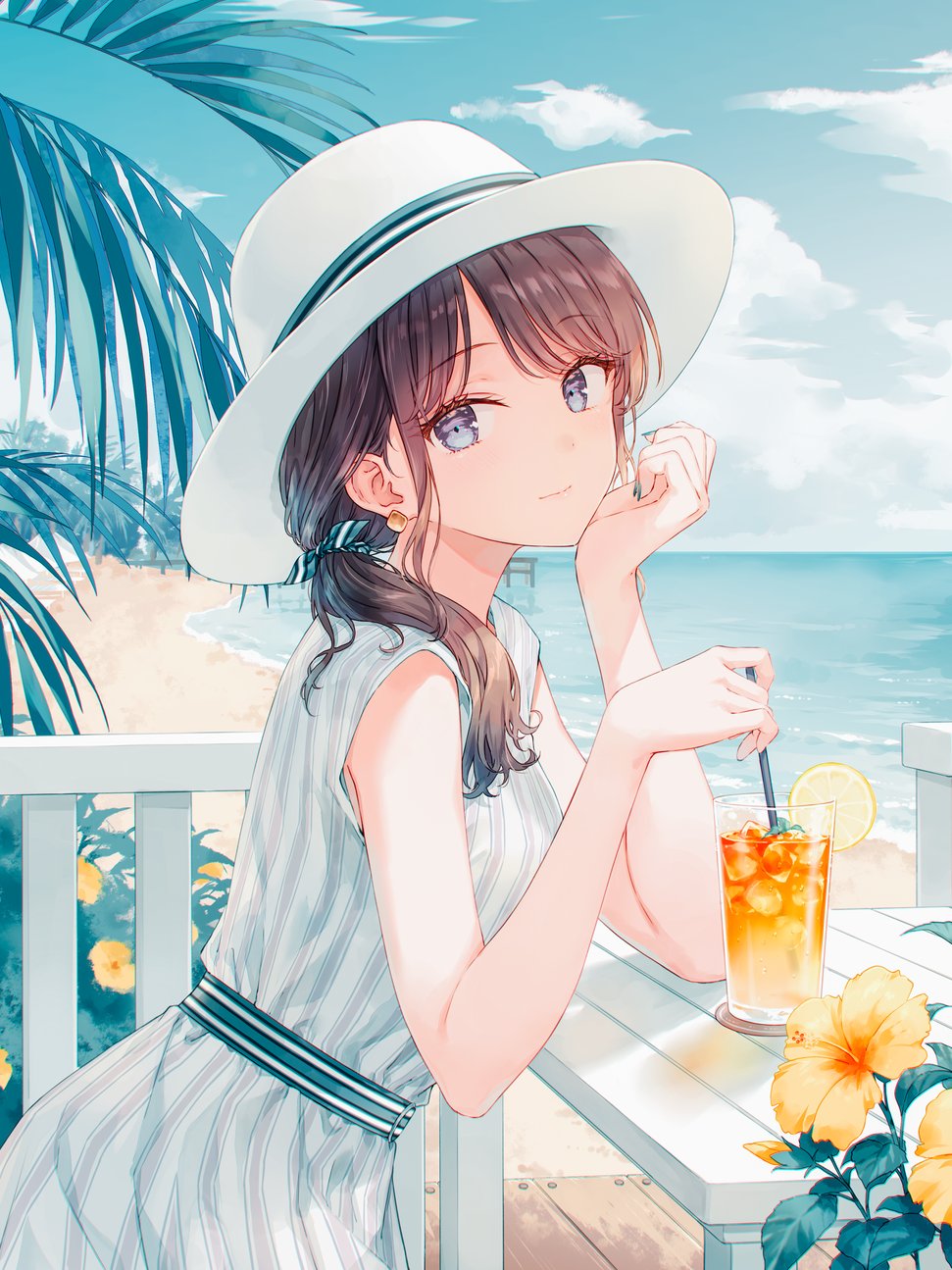Anime Girls White Dress Looking At Viewer Brunette Sun Dress Closed Mouth Hibiscus Orange Flowers Be 971x1295