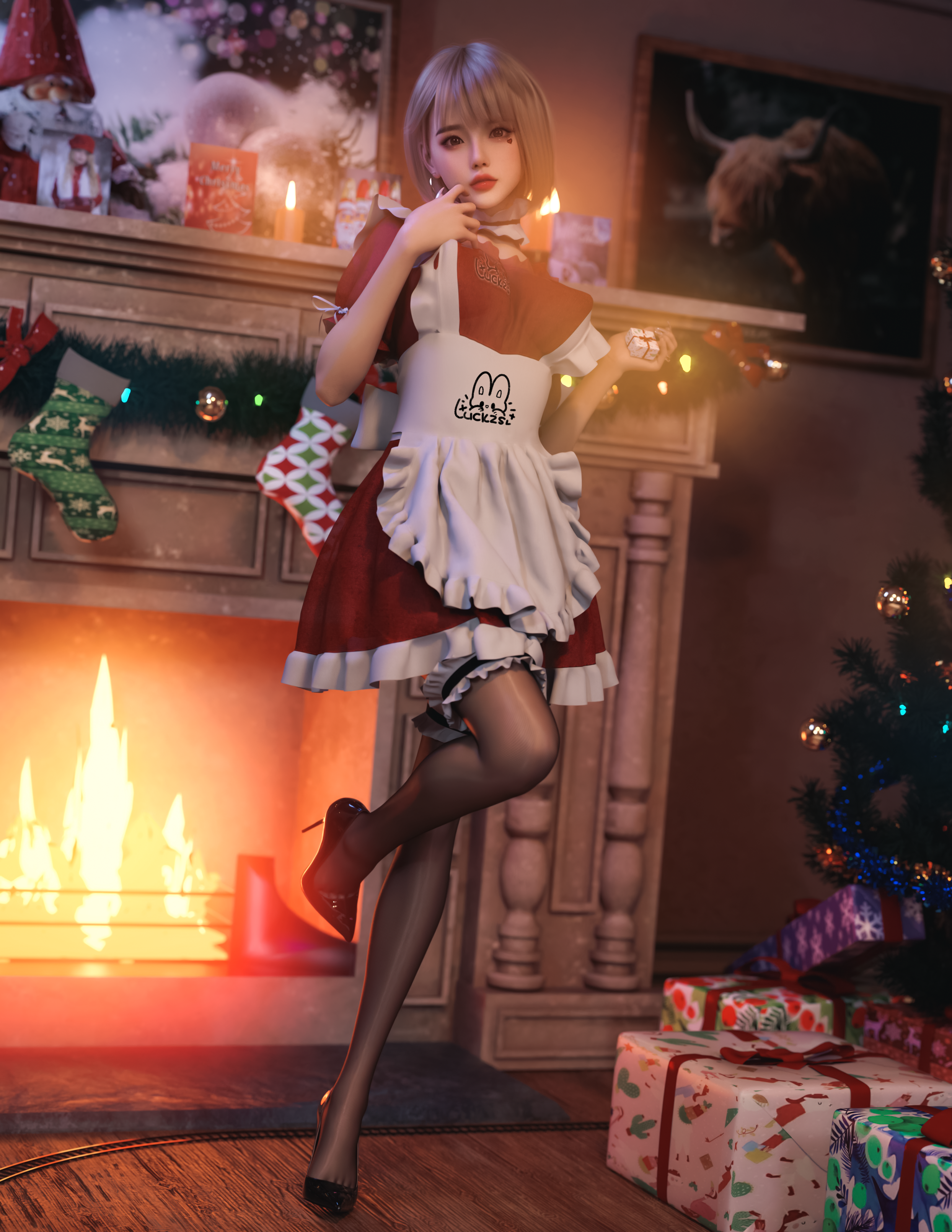 Christmas Presents Christmas Maid Maid Outfit Christmas Ornaments CGi Fireplace Luck Zs 2488x3220