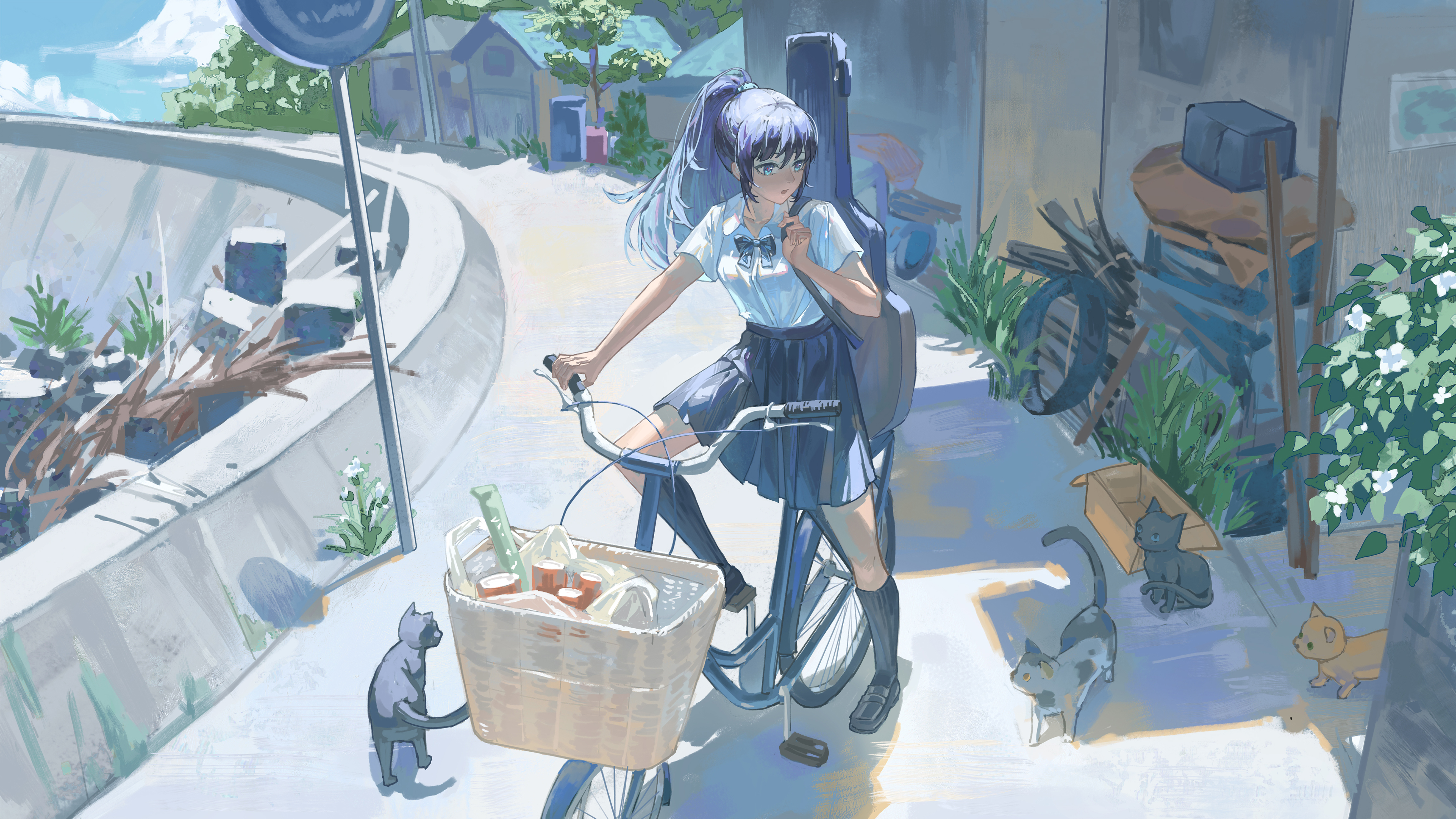 Anime Anime Girls Bicycle Bow Tie Schoolgirl School Uniform Sky Clouds Long Hair Ponytail Cats Anima 4075x2292