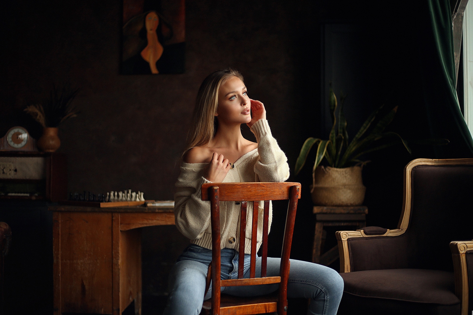 Dmitry Arhar Women Model Blonde Women Indoors Chair Sitting Jeans Sweater Couch Chess Desk Plants Hi 1920x1280