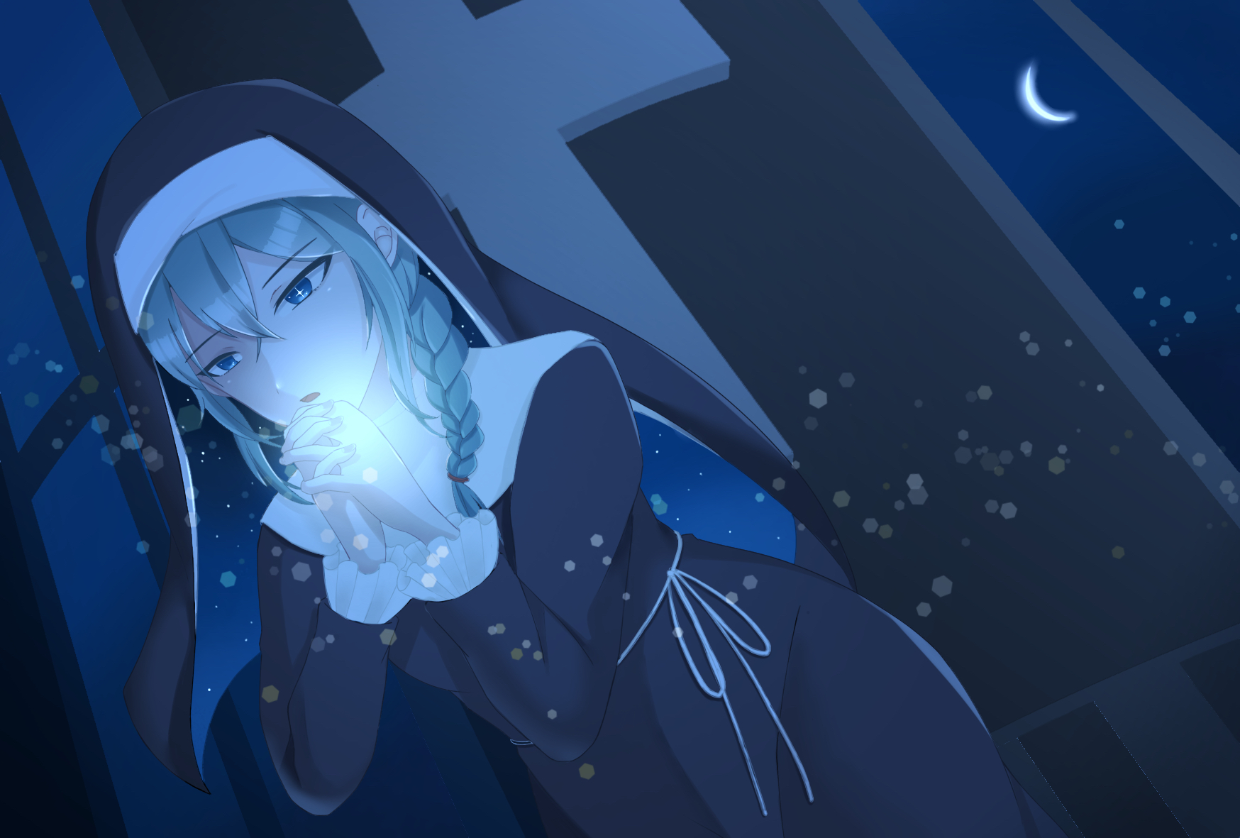 Anime Anime Girls Original Characters Solo Artwork Digital Art Fan Art Nuns Praying Cyan Hair Blue E 1748x1181