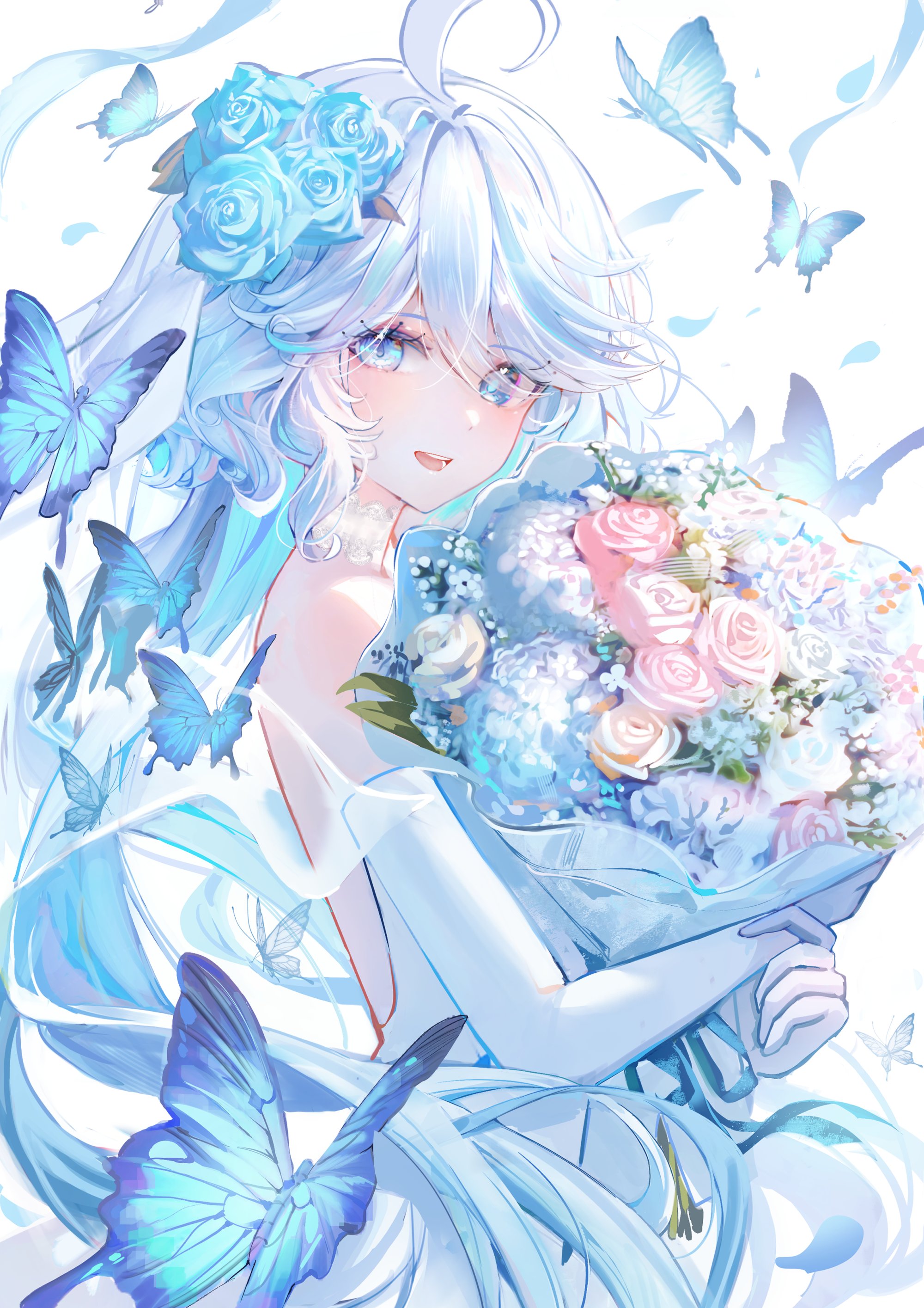 Anime Anime Girls Portrait Display Flowers Insect Elbow Gloves Butterfly Long Hair Blue Hair Blue Ey 2000x2829