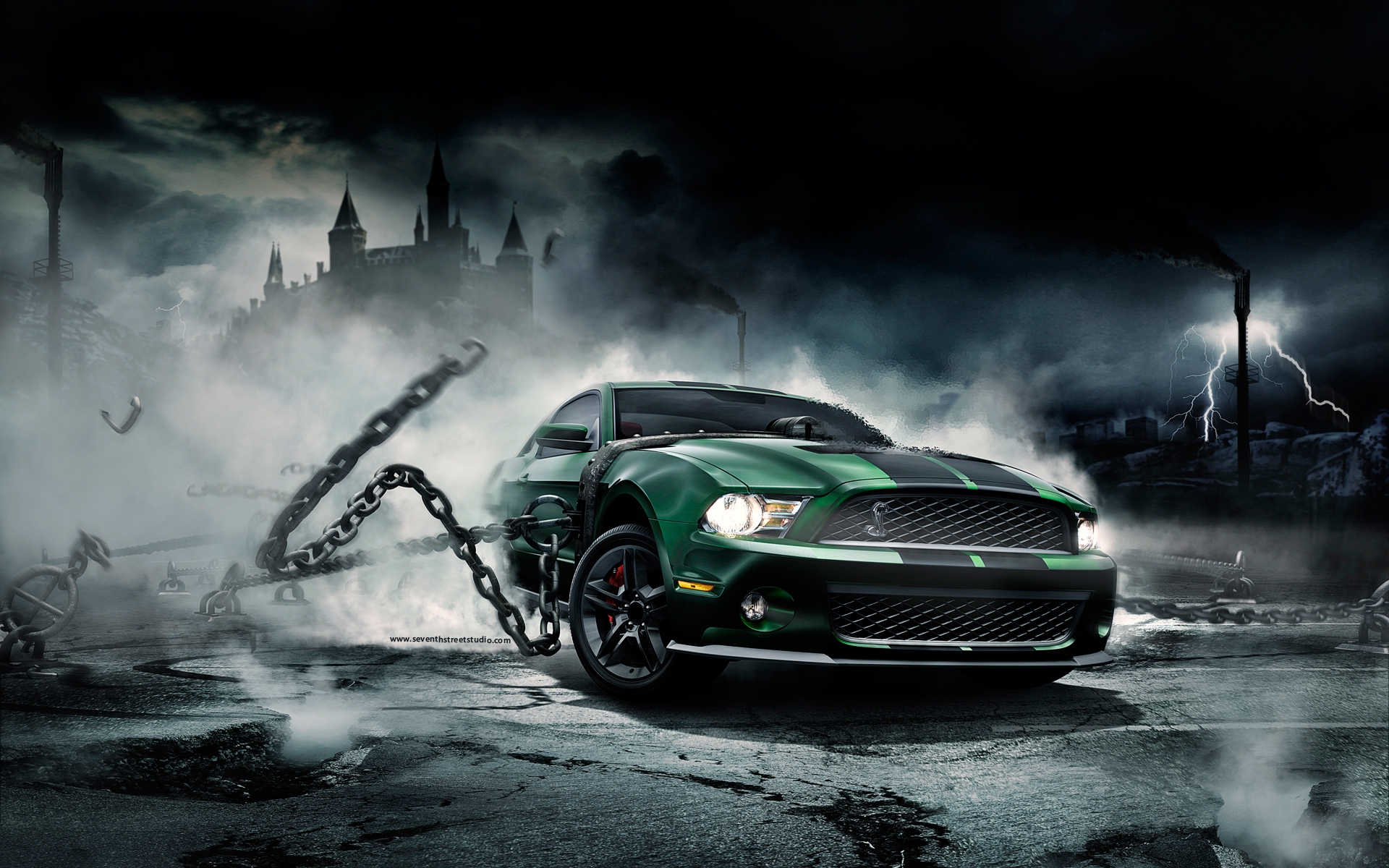 Car Ford Ford Mustang Chains Headlights Mist Lightning Castle 1920x1200