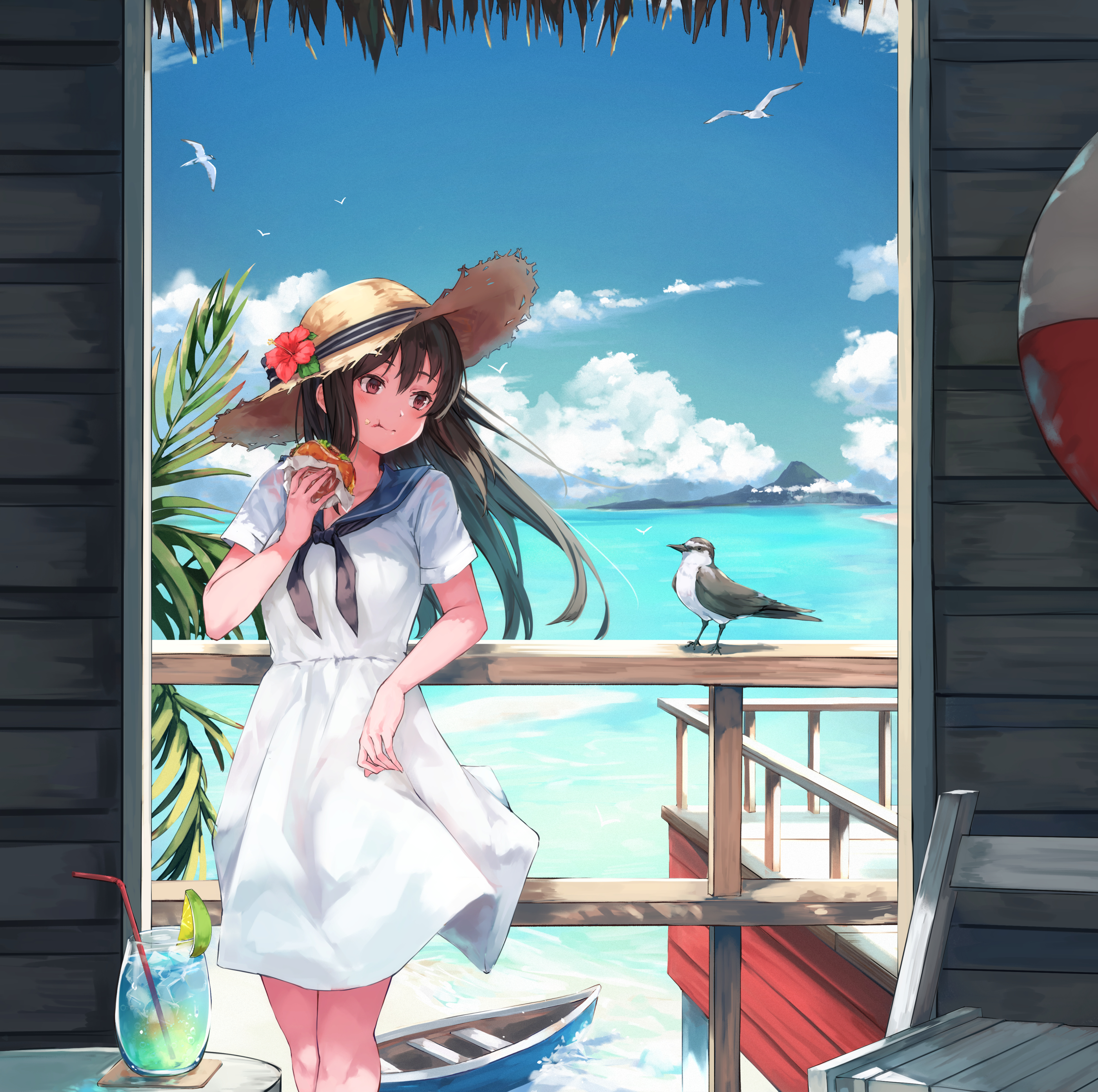 Anime Girls White Dress Dress Looking At The Side Sun Hats Brown Eyes Dark Hair Straw Hat Eating Ani 2800x2785