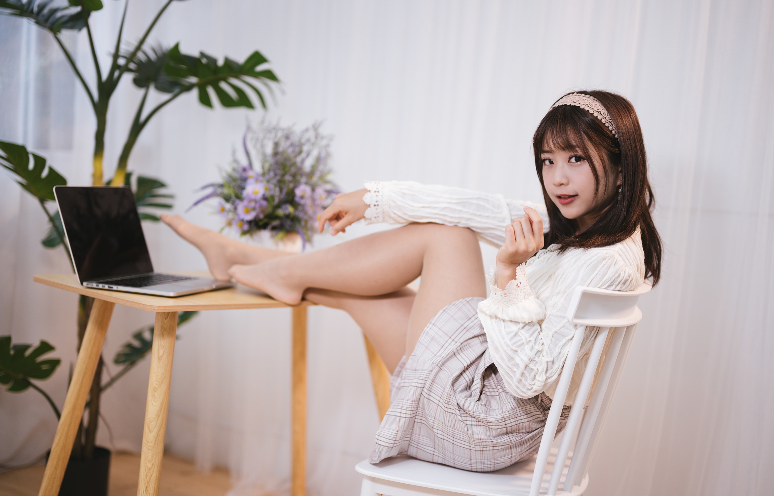 Asian Model Women Long Hair Dark Hair Sitting Jean Shorts Flowerpot Plants Table Chair Flowers Lapto 2560x1642