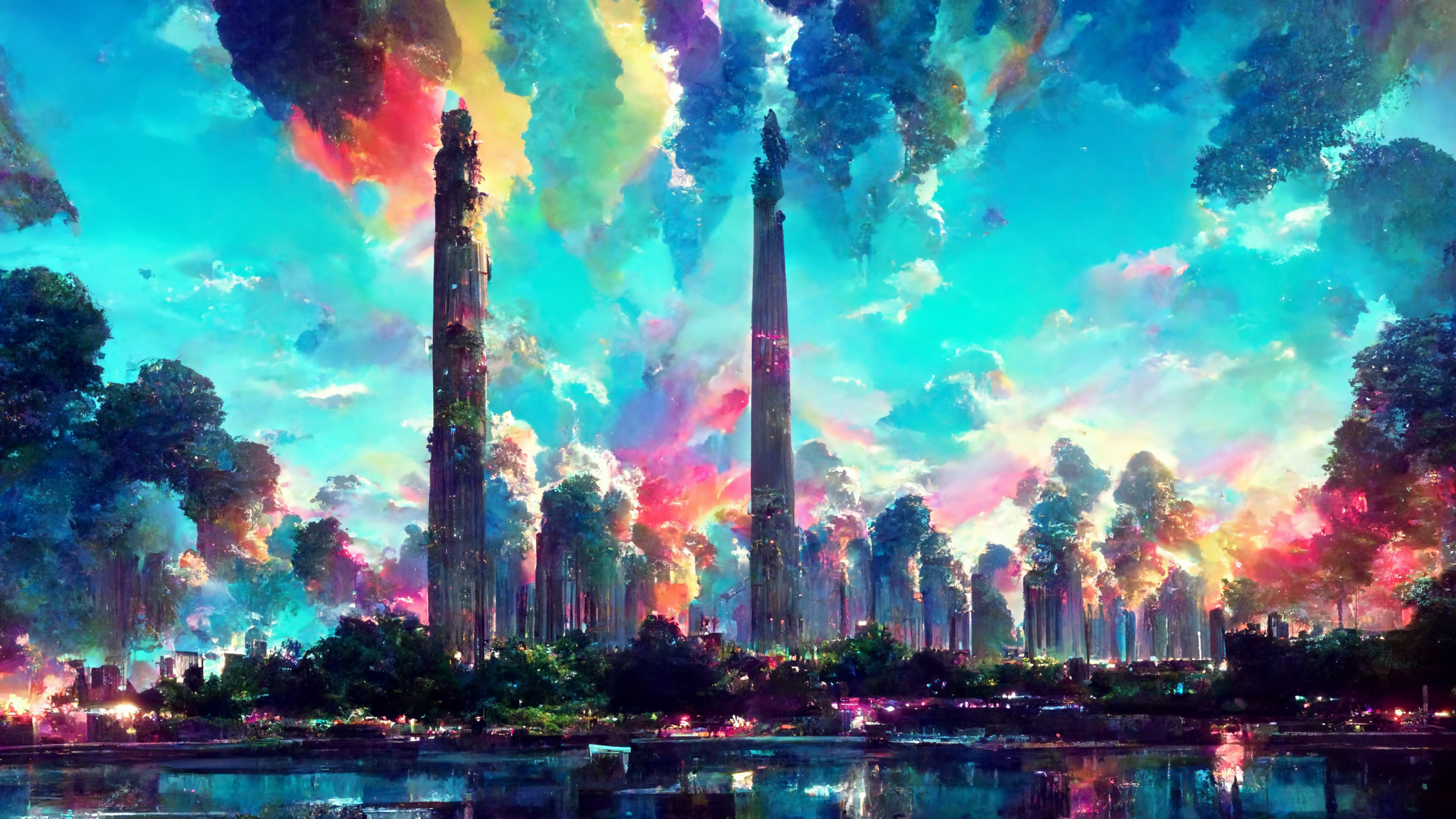 Ai Clouds Vaporwave Tower Forest Pastel Water Colorful Cyan 2048x1152