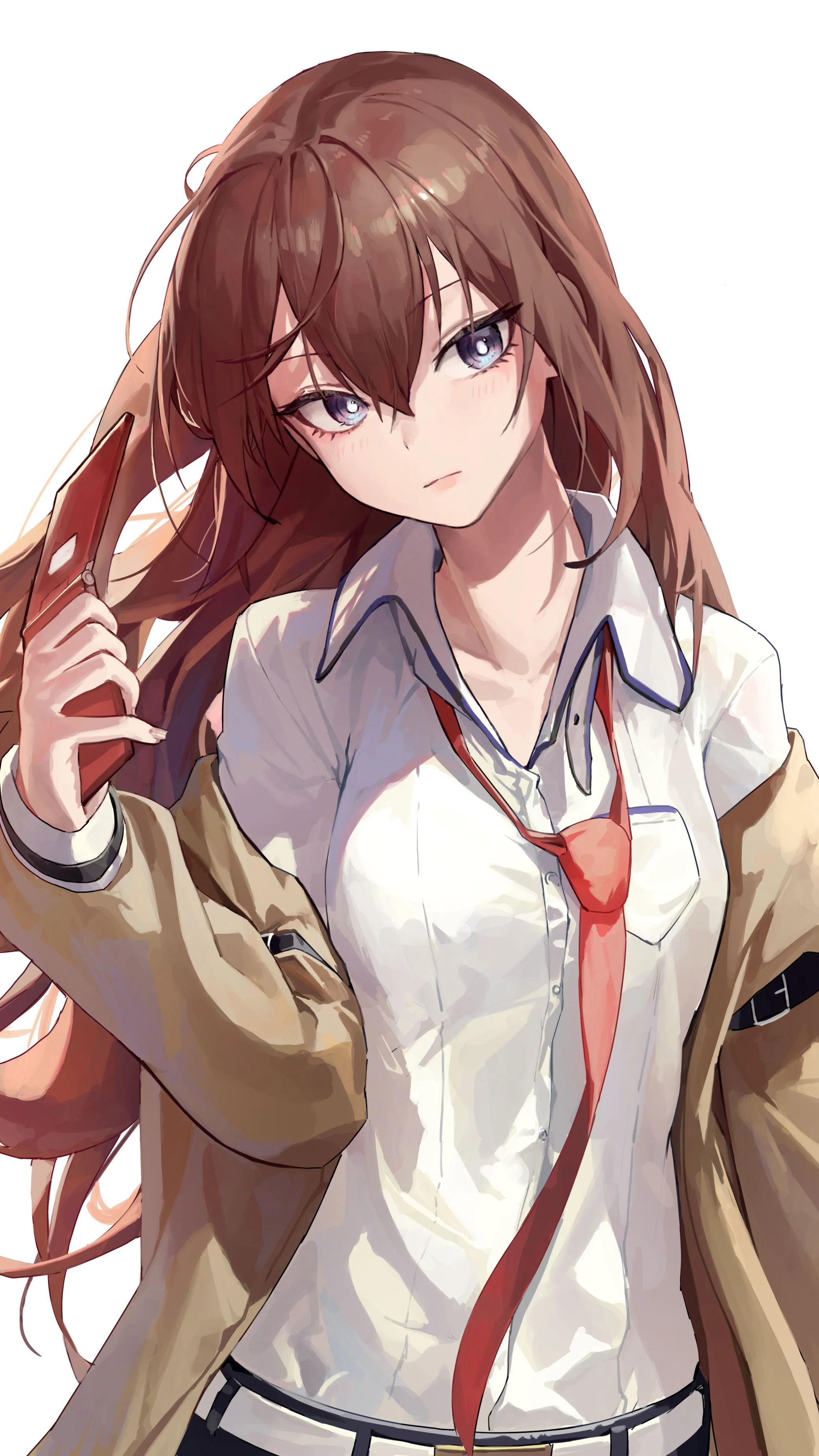 Makise Kurisu Steins Gate Anime Girls Anime Fan Art Looking At Viewer Tie Brunette Long Hair White B 2081x3699