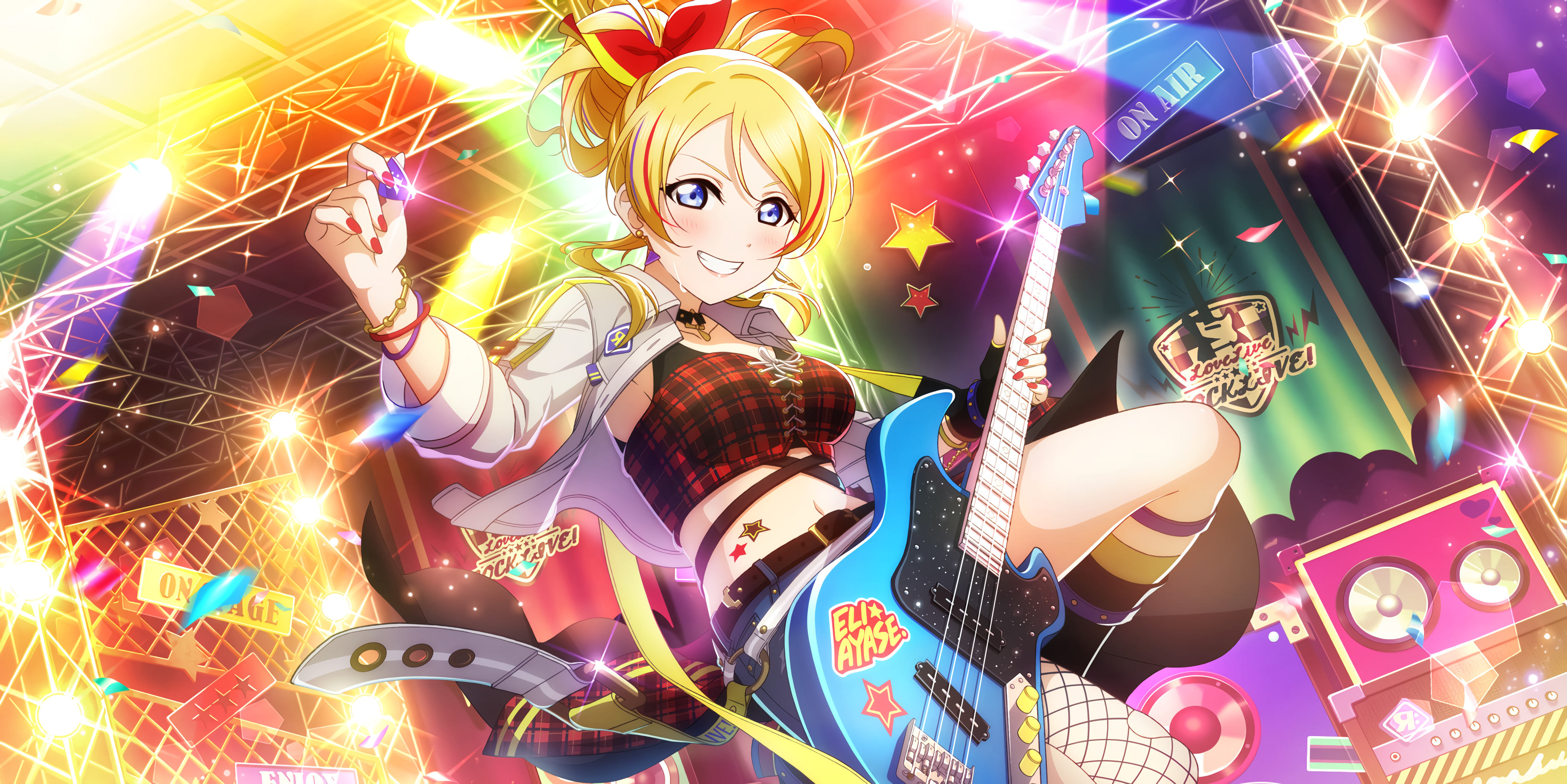 Ayase Eli Love Live Anime Anime Girls Guitar Musical Instrument Blonde Blue Eyes Blushing Red Bow Ha 3670x1836
