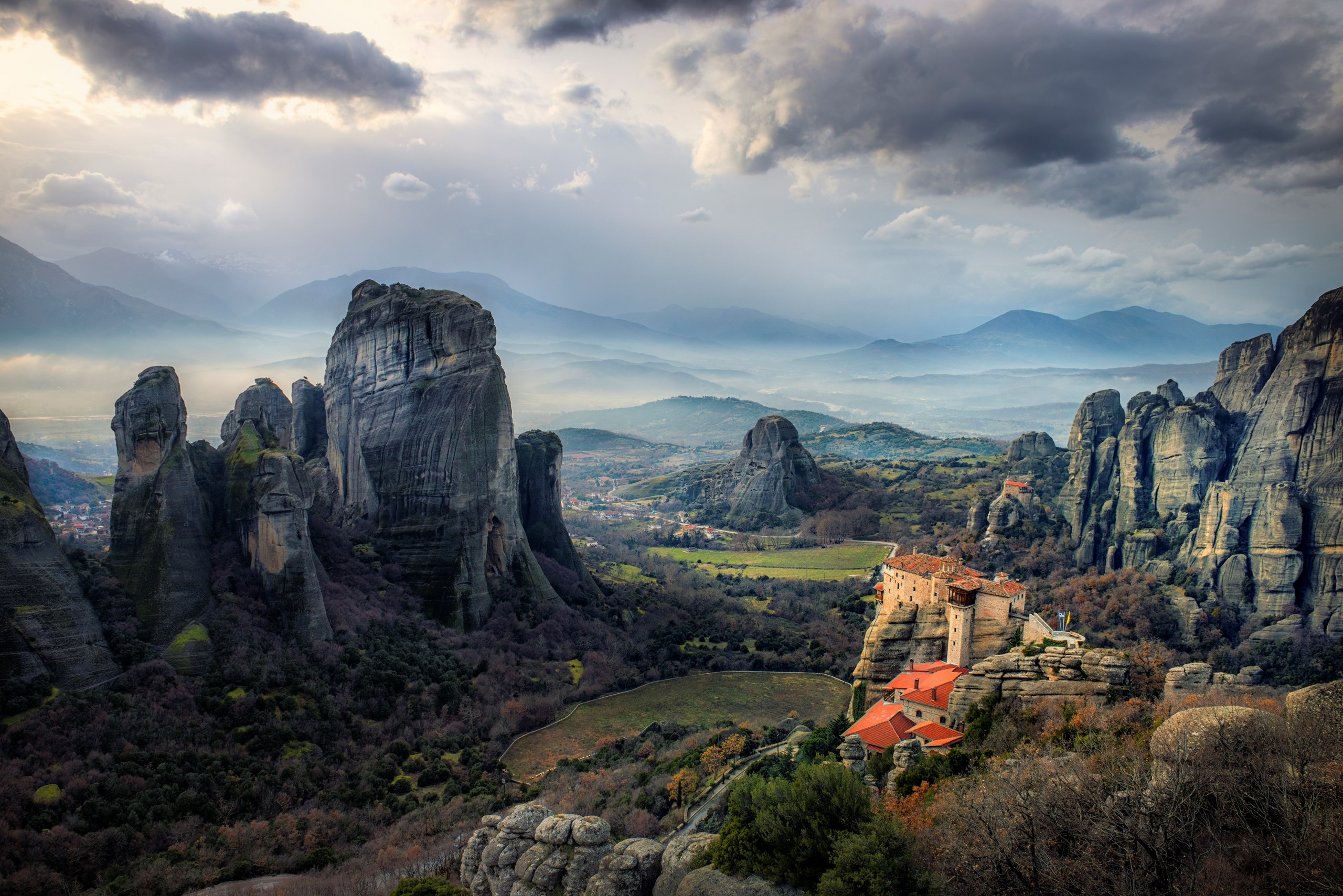 Mountains Sky House Rocks Grass Mist Meteora Greece Monastery Landscape 2560x1709