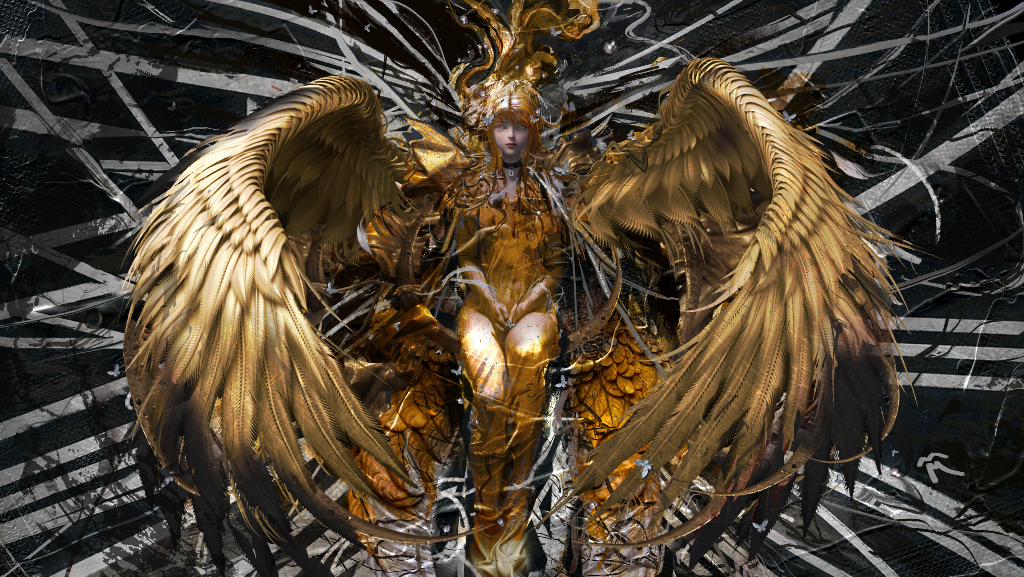 Digital Art Layla Vladi Concept Art Wings Gold Pink Eyes 3426x1932