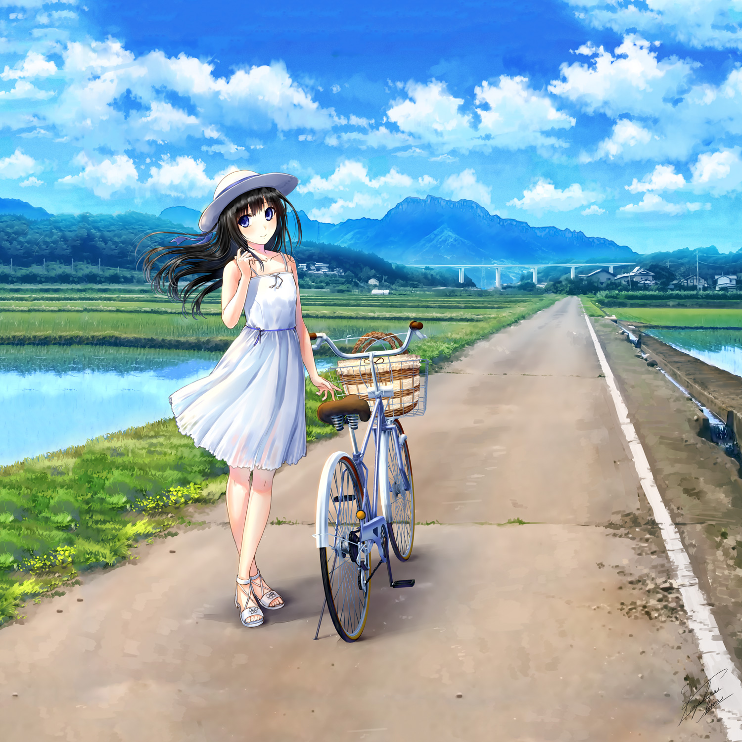 Anime Girls Portrait Display White Dress Feet Crossed Dress Looking At Viewer Bicycle Women Outdoors 1500x1500