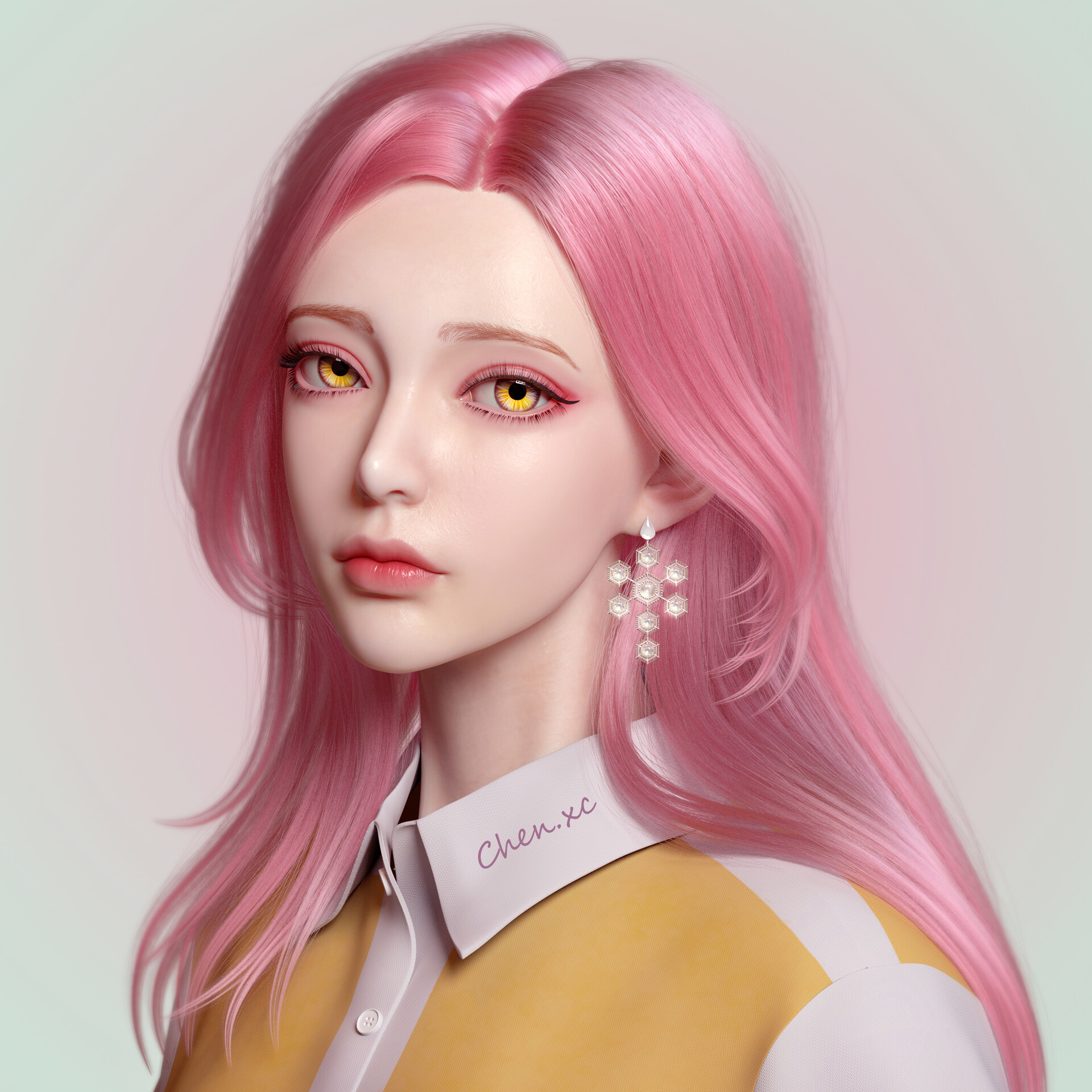 Xincheng Chen CGi Women Yellow Eyes Long Hair Makeup Simple Background Pink Hair Fantasy Girl 1920x1920