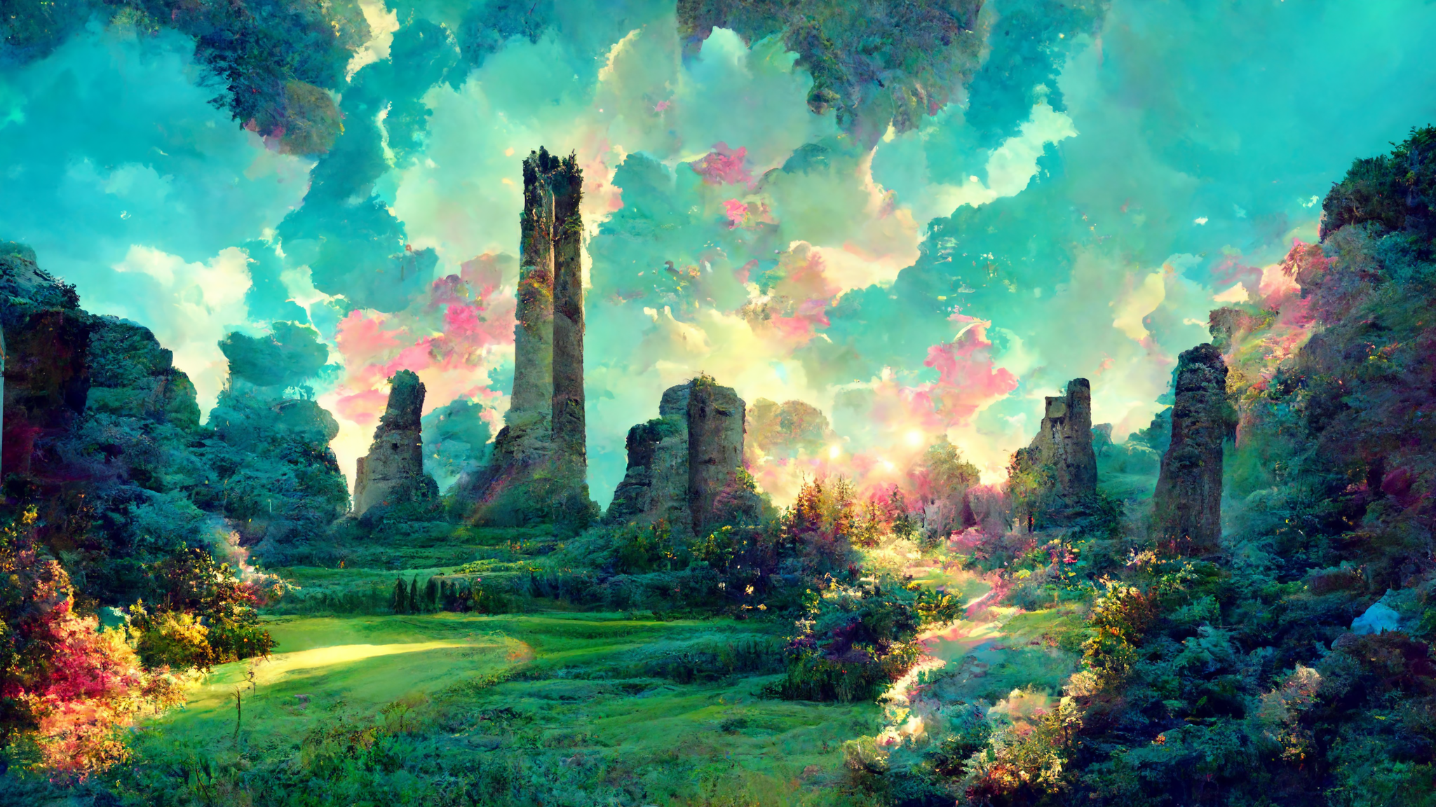Ai Clouds Vaporwave Tower Nature Trees Field Pastel Greenery 2048x1152