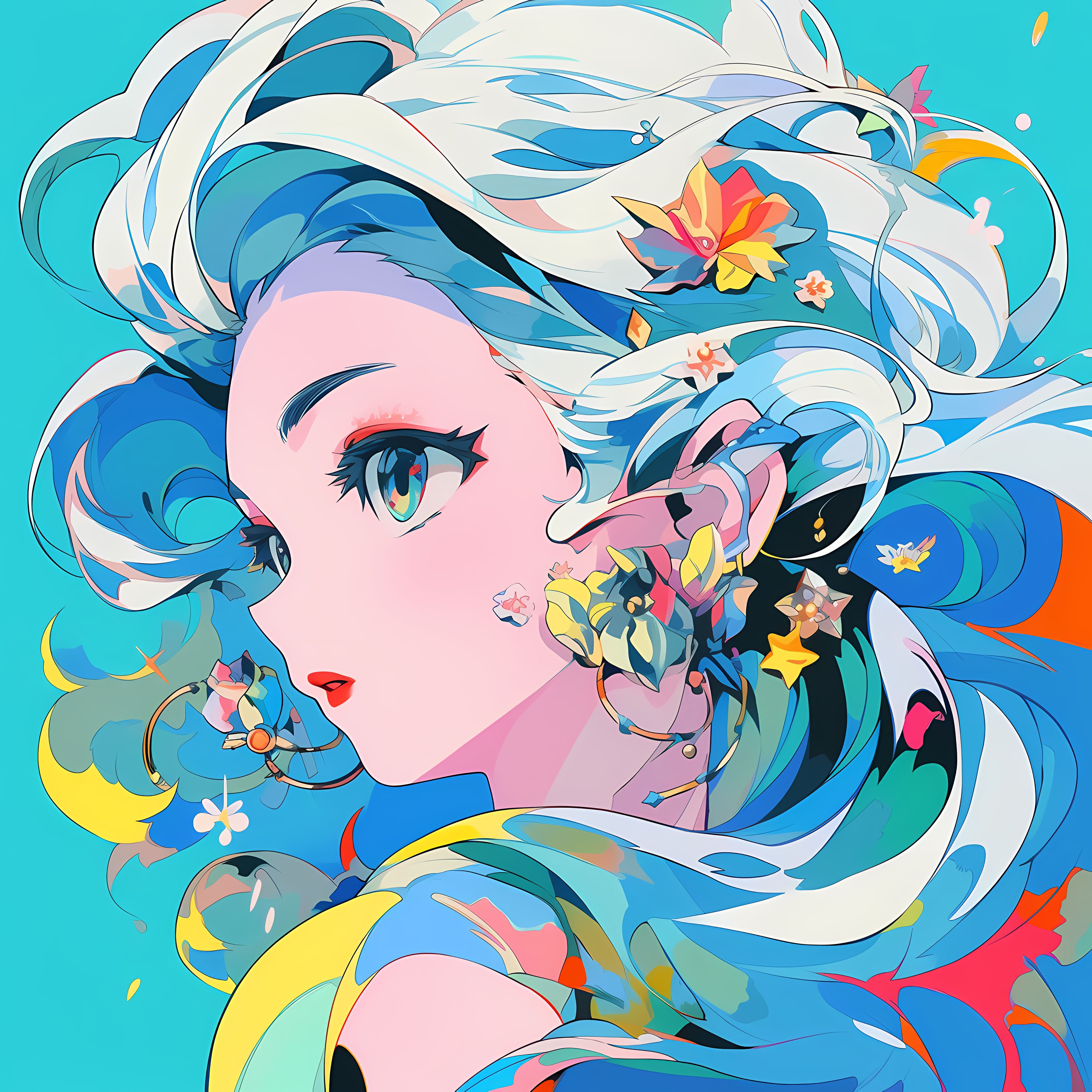 Anime Anime Girls Multi Colored Hair Multi Colored Eyes Flower In Hair Long Hair Looking At The Side 4096x4096