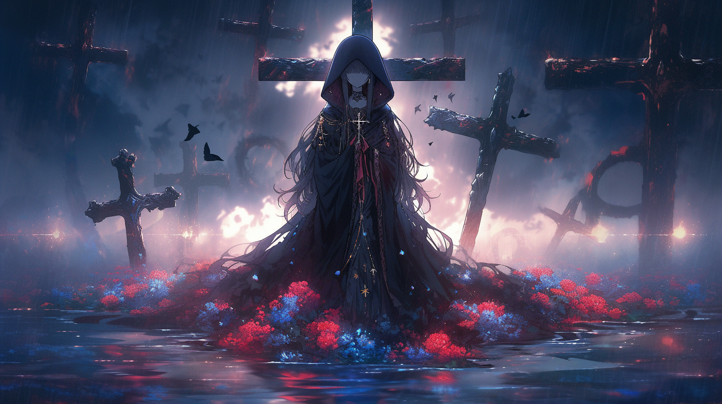 Anime Anime Girls Flowers Water Cross Hoods Long Hair Faceless Reflection Digital Art 1456x816