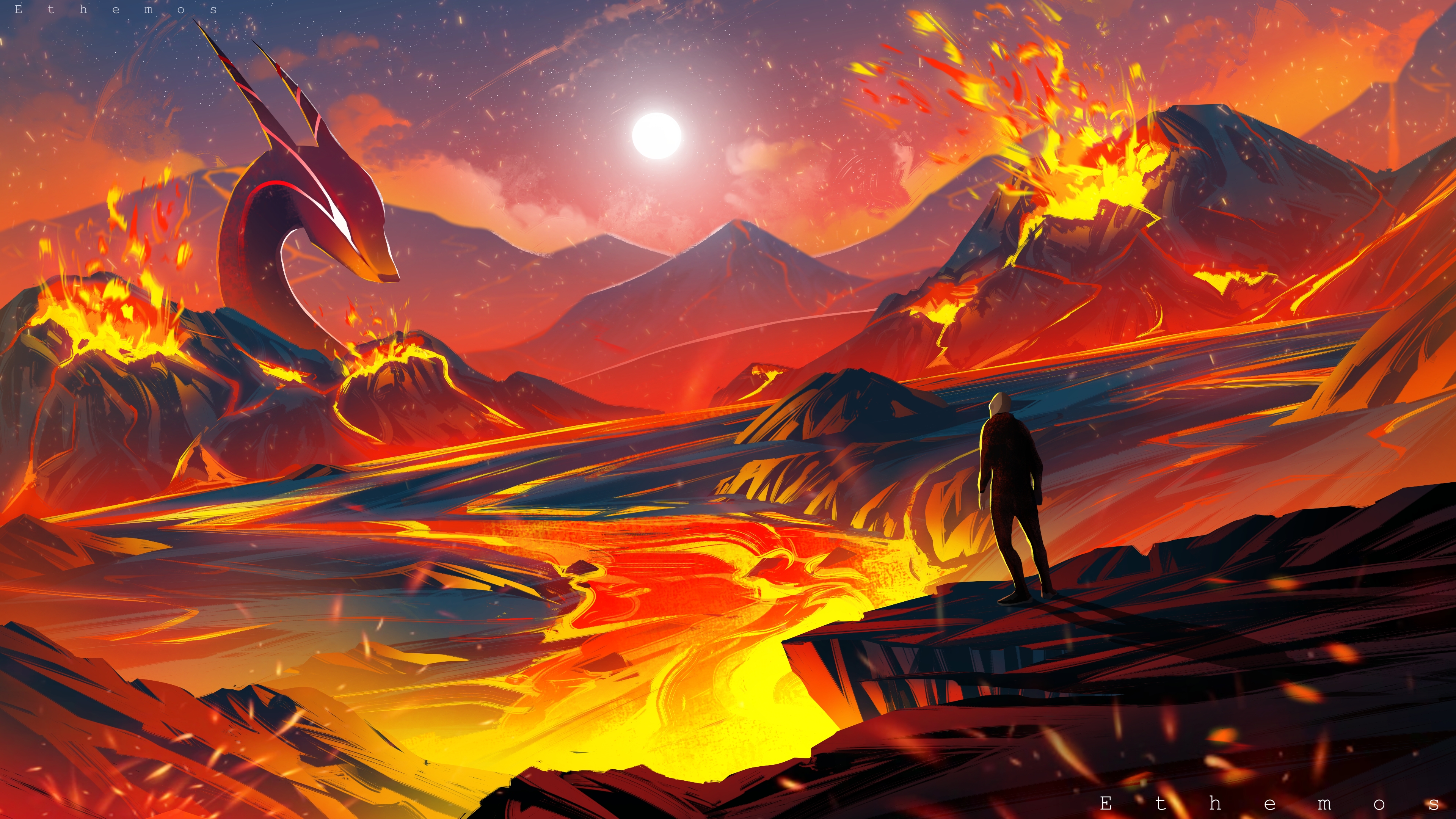 Digital Art Artwork Illustration Landscape Fantasy Art Lava Night Moon Vulcan Creature Mountains 3840x2160