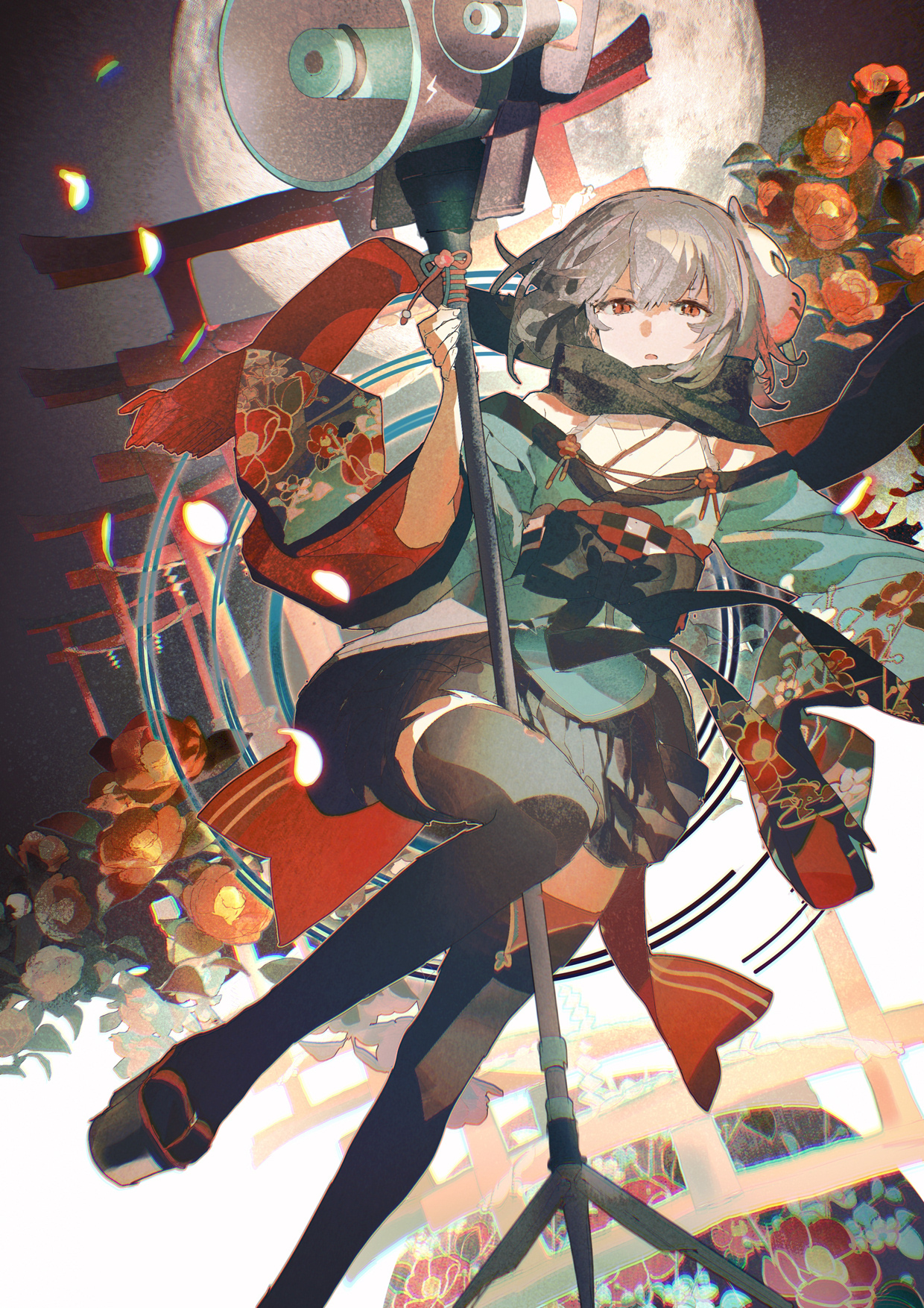 Anime Girls Lobelia Red Eyes Petals Flowers Silver Hair Mask Moon 1240x1754