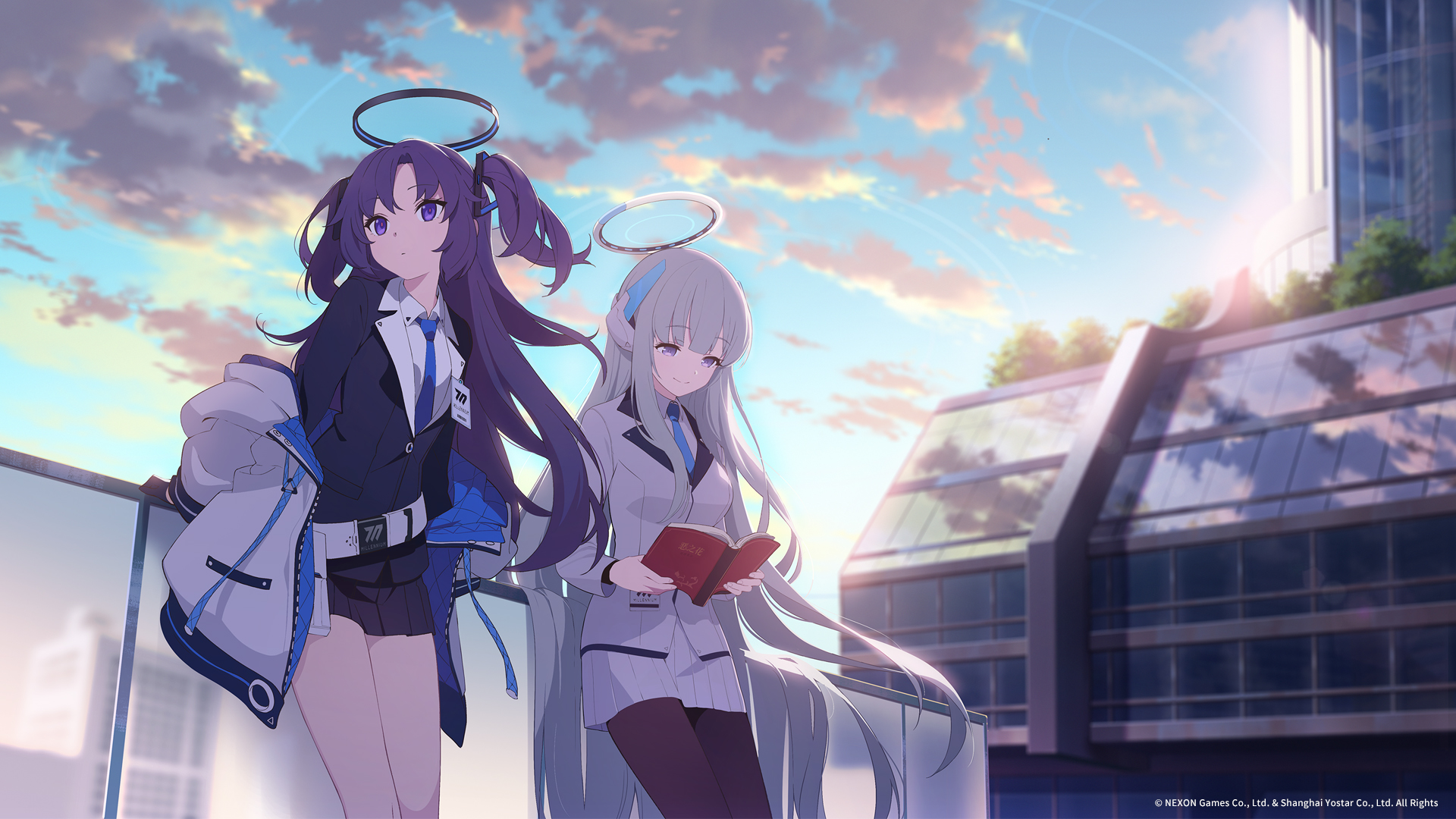 Blue Archive Anime Girls Hayase Yuuka Sky Clouds Standing Uniform Looking Away Watermarked Long Hair 1920x1080