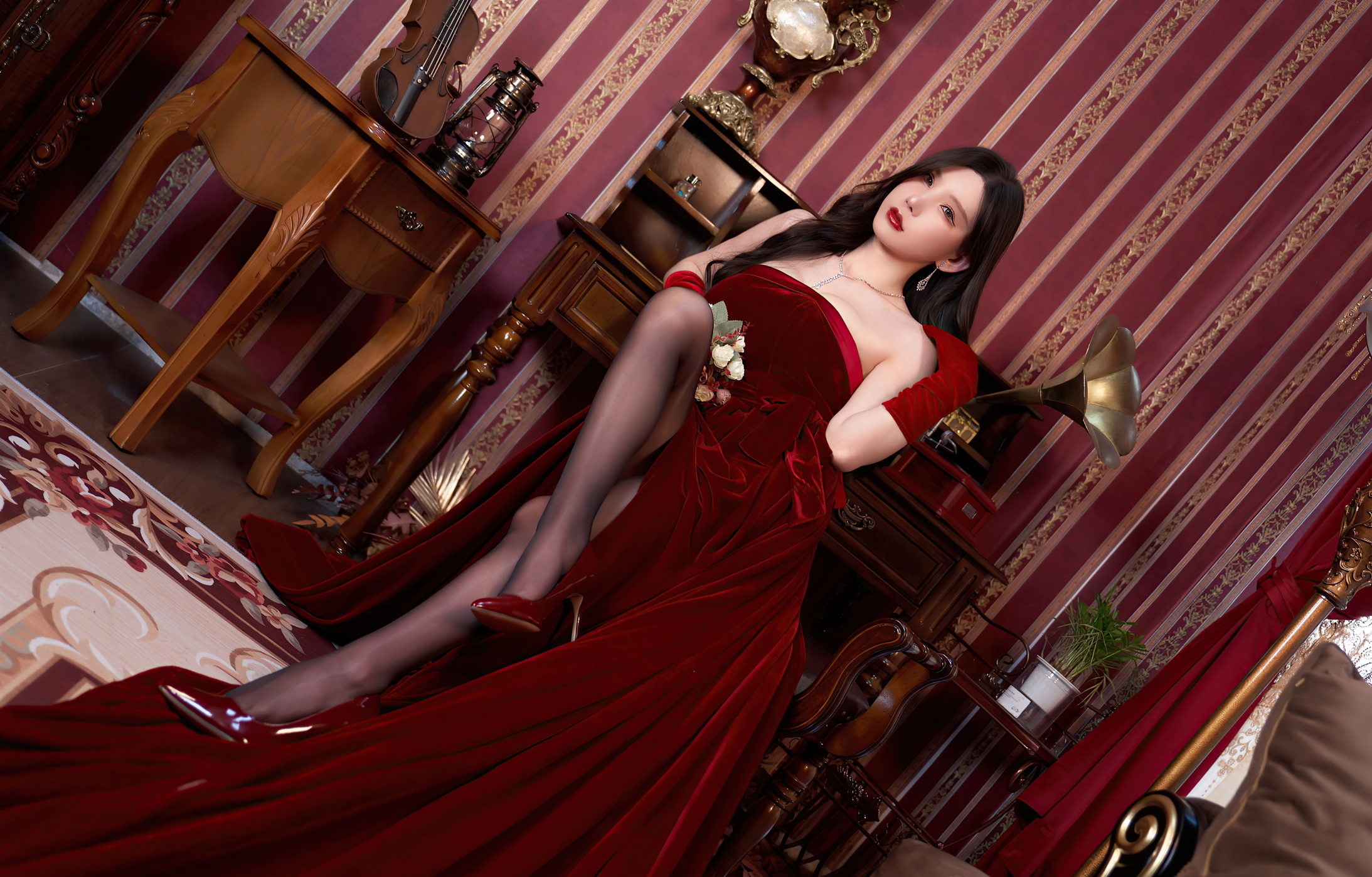 Asian Model Women Long Hair Dark Hair Sitting Nylons High Heels Dress Red Dress 2187x1397