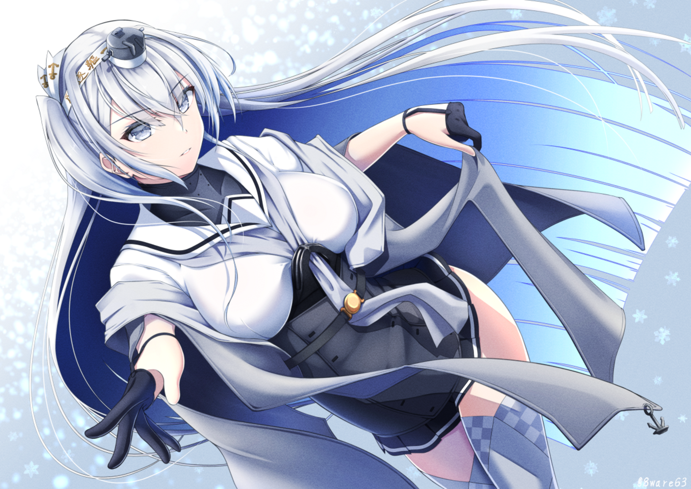 Anime Anime Girls Kantai Collection Fuyutsuki KanCole Long Hair Silver Hair Solo Artwork Digital Art 2400x1700