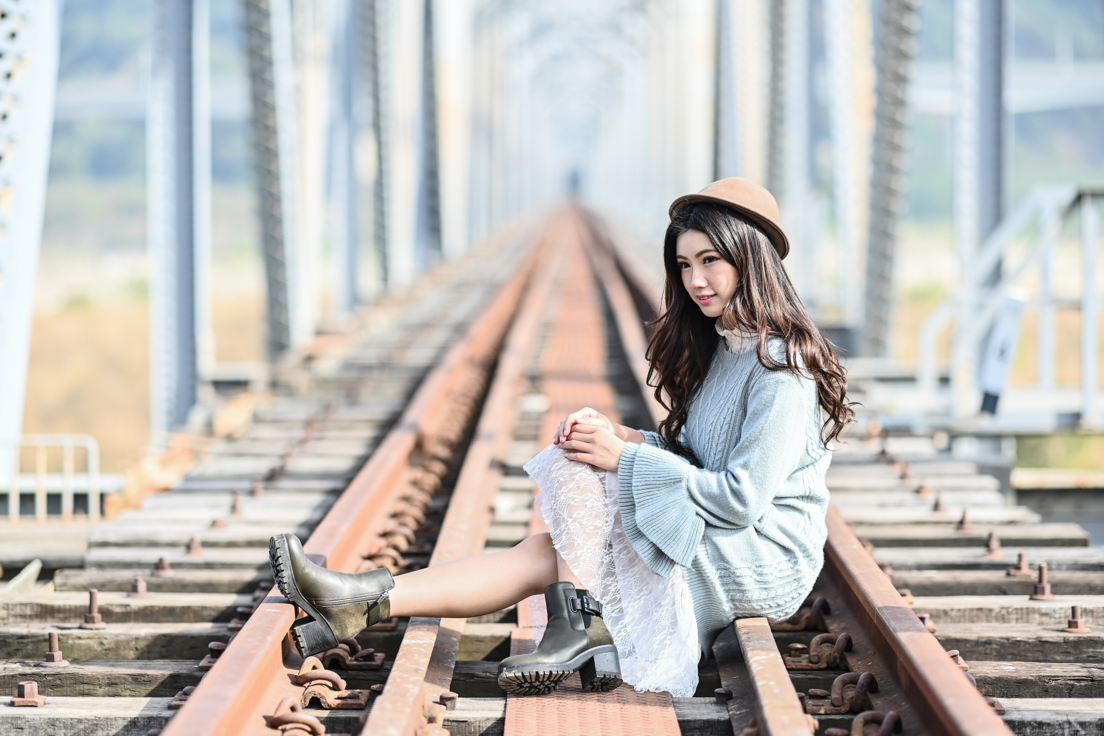 Asian Model Women Long Hair Dark Hair Sitting Depth Of Field Berets Railway Chingcho 3840x2560