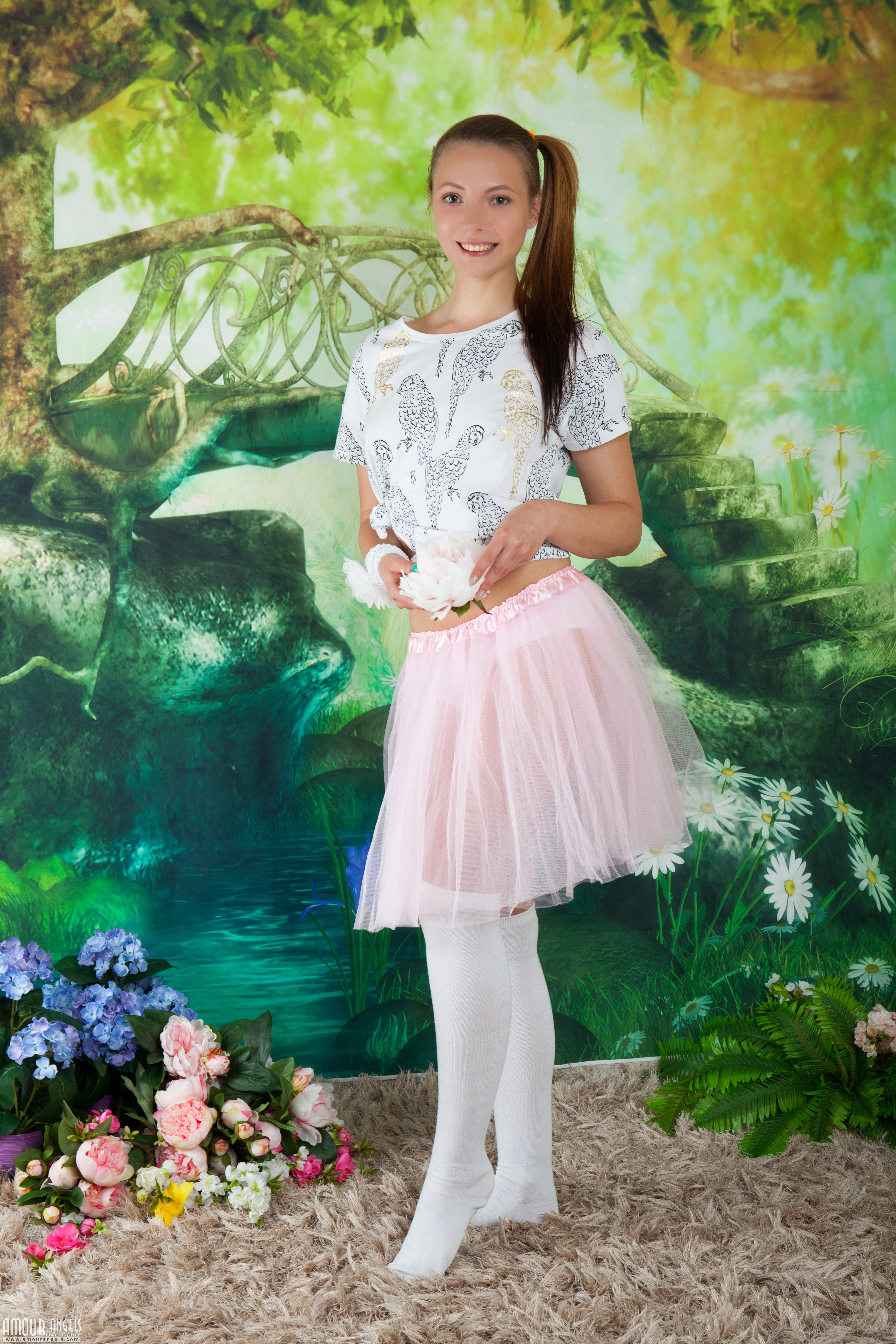 Watermarked Women Brunette Standing Side Ponytail White Socks Socks Tiptoe Dress White Dress Flowers 3744x5616