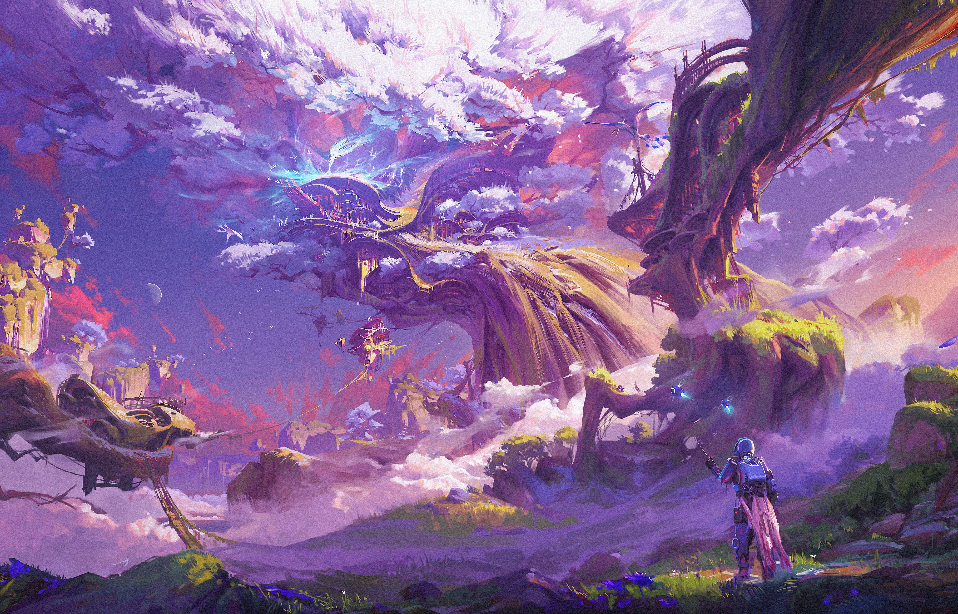 Alin Illustration Purple Trees Science Fiction Forest Mecha Boys Fantasy Art 4025x2580