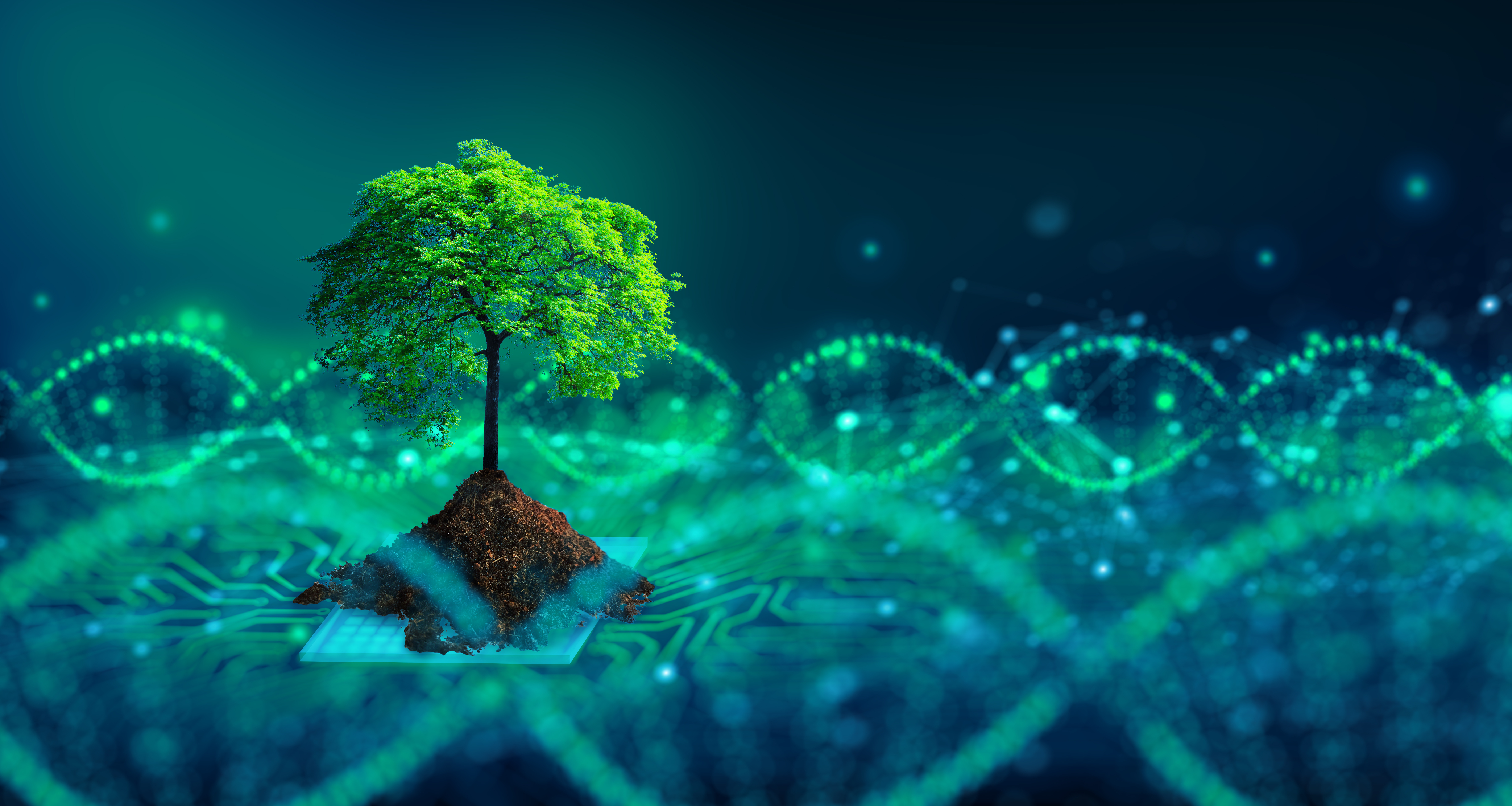 Green Blue Background Nature DNA Electronic CPU Digital Art Trees Plants Digital 7195x3833