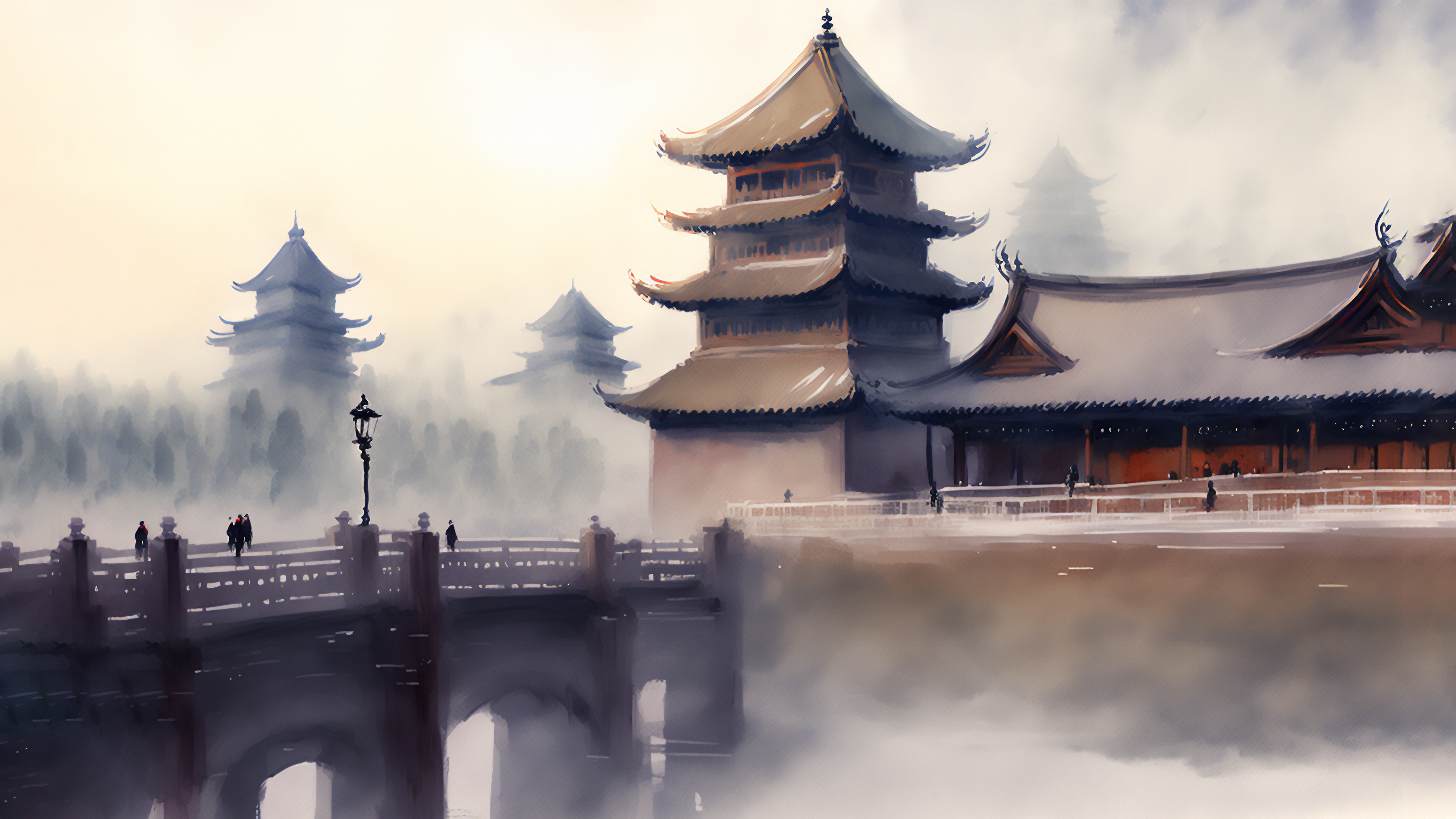Ai Art Watercolor Style China Architecture Exterior 3461x1947