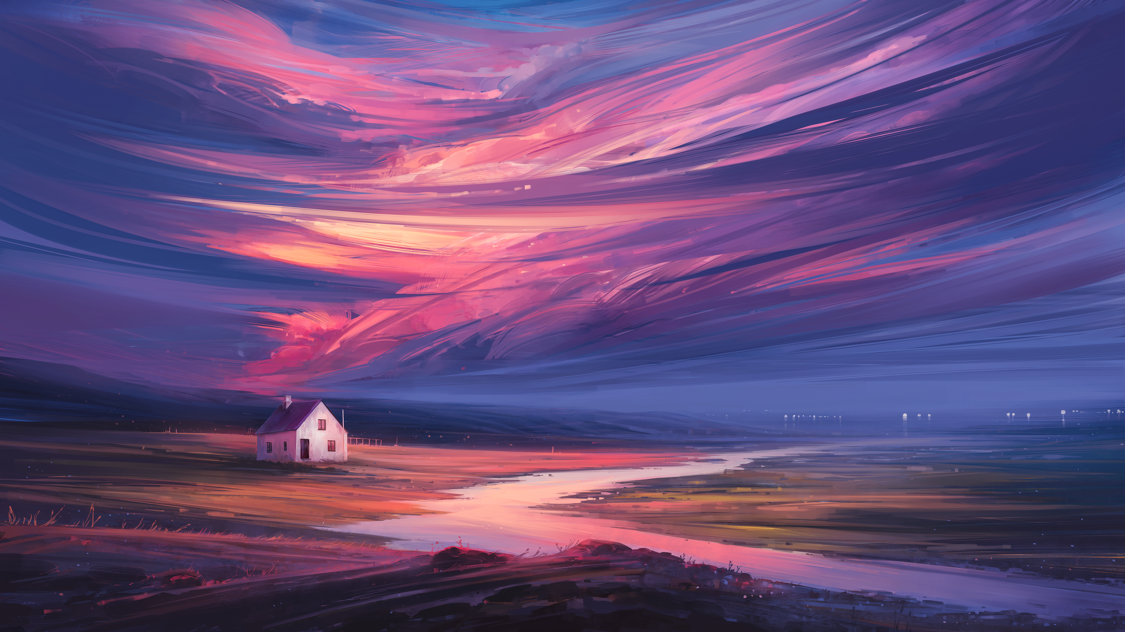 Aenami Digital Art Artwork Illustration 4K Landscape Nature Painting Clouds House River Sunset Sky 3840x2160