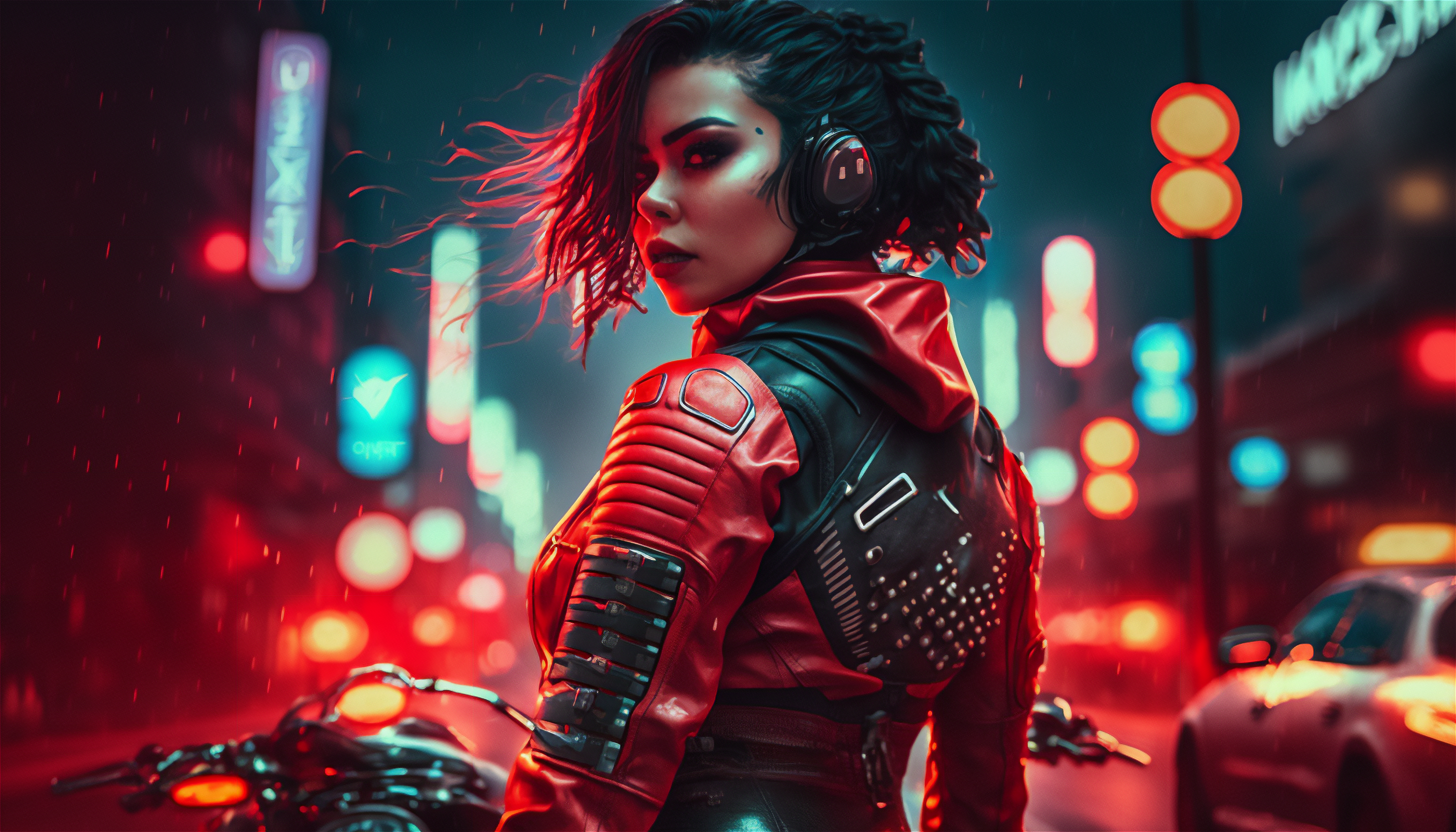 Ai Art Cyberpunk City Women Biker Girl Looking Back Looking At Viewer City Lights Headphones Motorcy 3136x1792