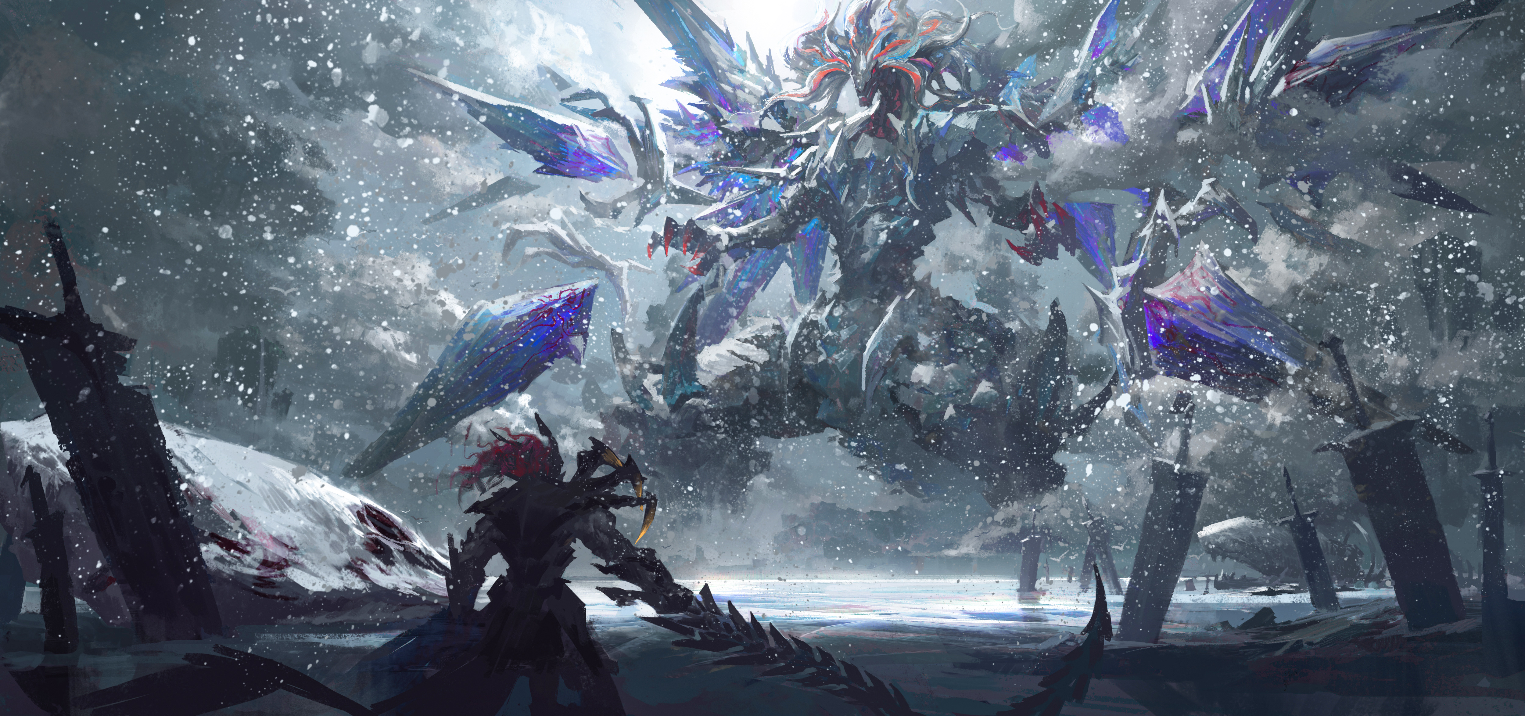 Yu Gi Oh Mirrorjade The Iceblade Dragon Dragon Card Games Digital Art Snow 5000x2347
