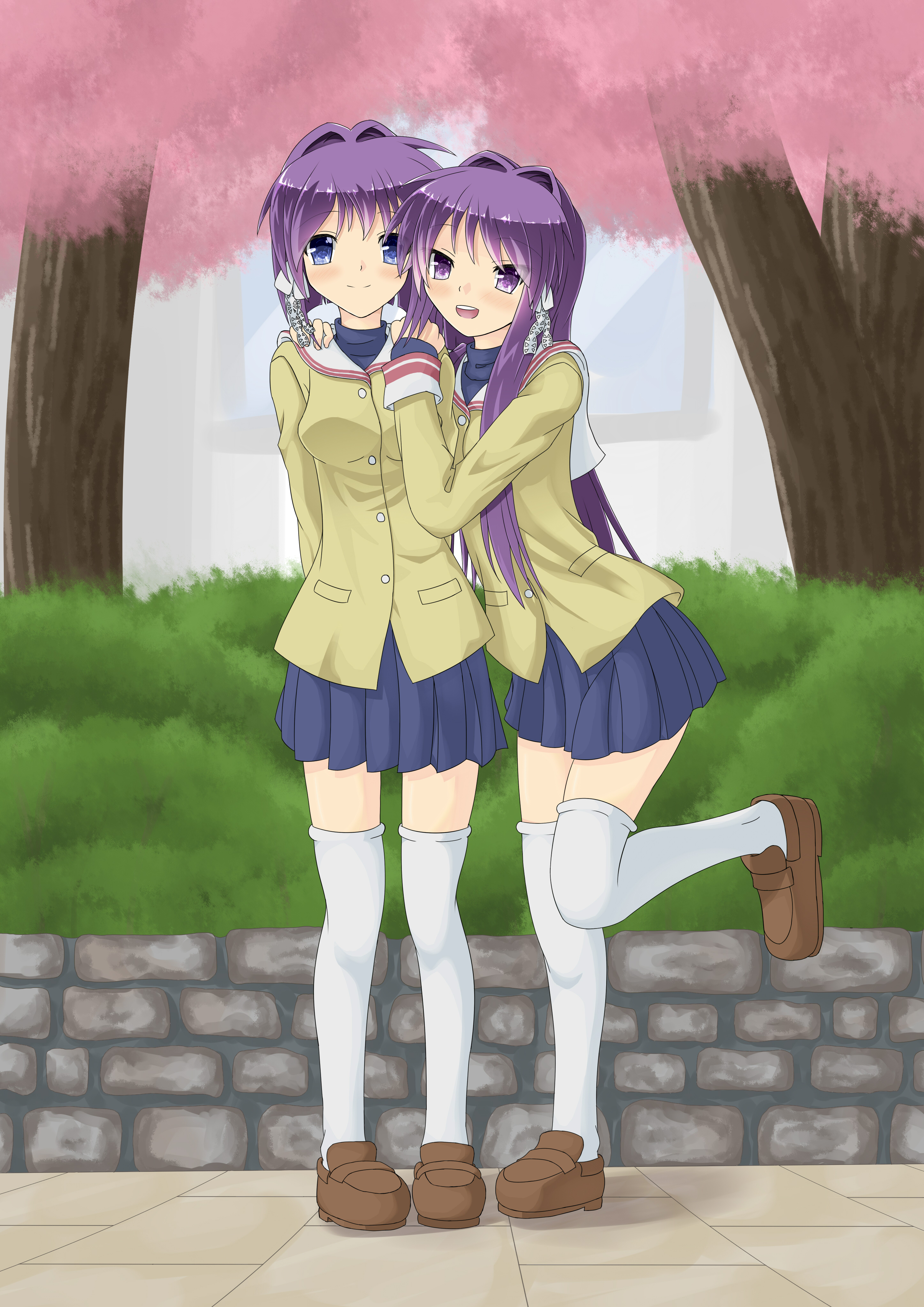 Anime Anime Girls Clannad Fujibayashi Kyou Fujibayashi Ryou Twins Long Hair Short Hair Purple Hair A 2893x4092