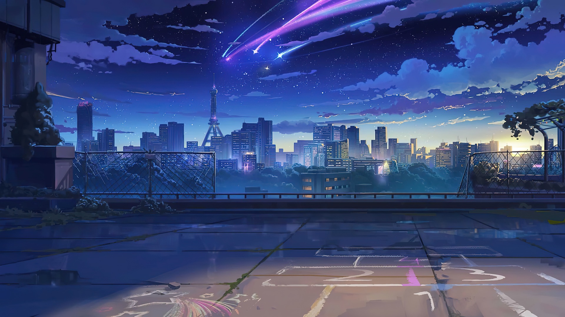 Artwork Digital Art Night Stars City Building Shooting Stars Clouds Comet Anime City Anime 1920x1080