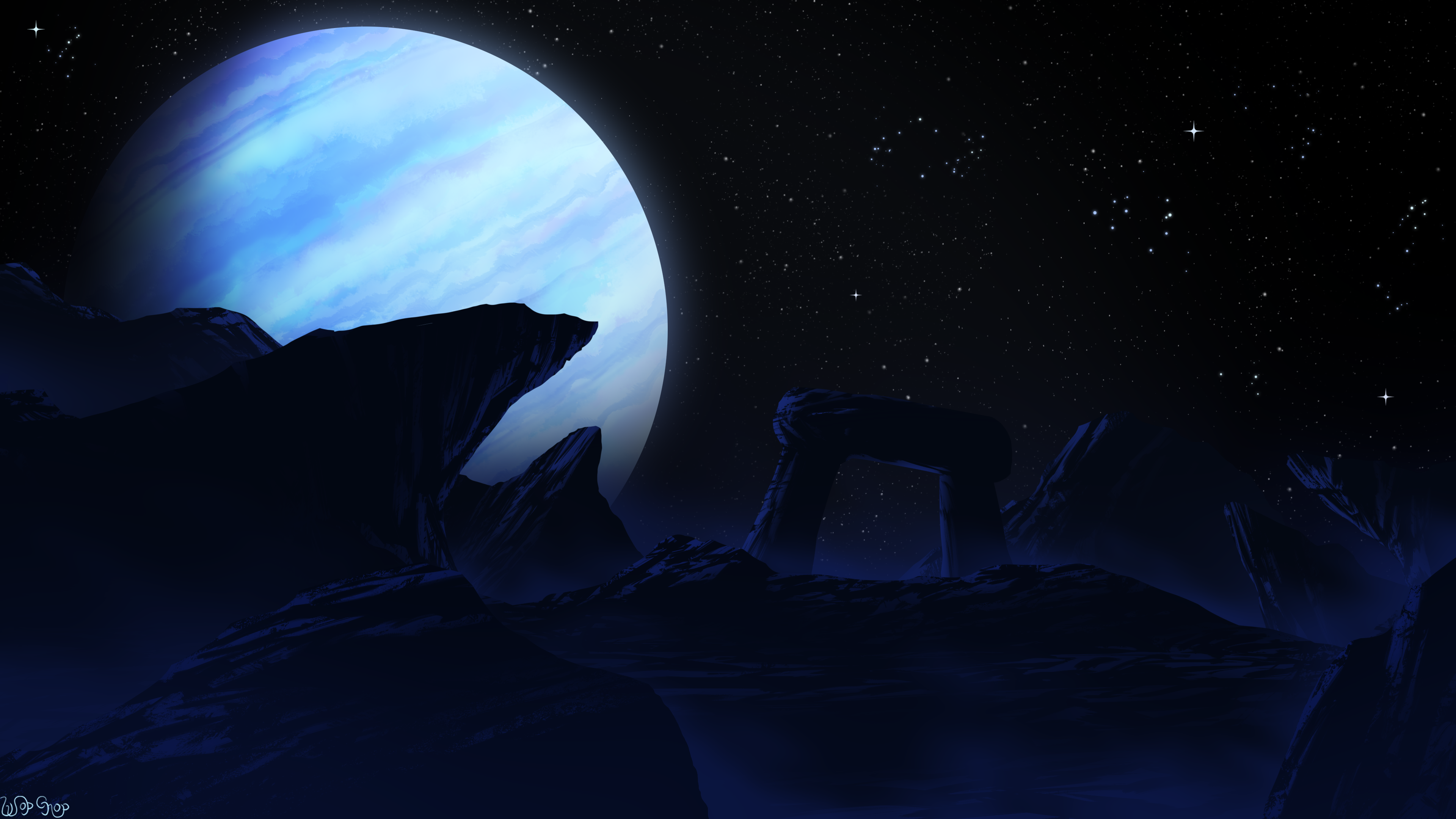 Wopgnop Digital Art Illustration Landscape Nature Dark Night Planet Stars Rock Formation Environment 3840x2160