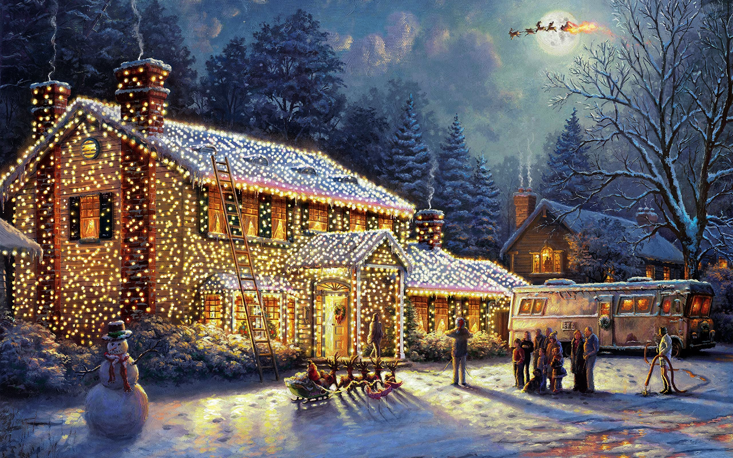 Christmas Movies Oil Painting Painting Artwork Snow Trees Santa Claus Lights Snowman Humor 2560x1600