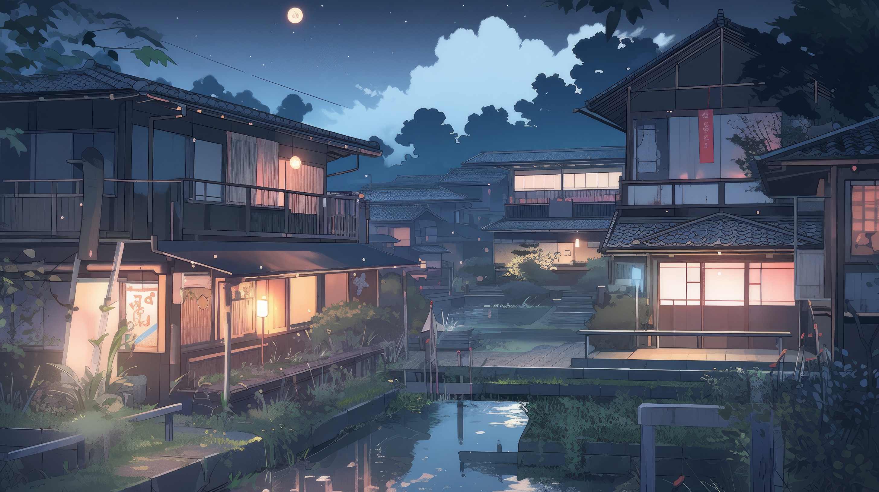 Illustration House Pond Warm Light Blue Hour Water Reflection Building Moon Clouds Leaves Lights 2912x1632