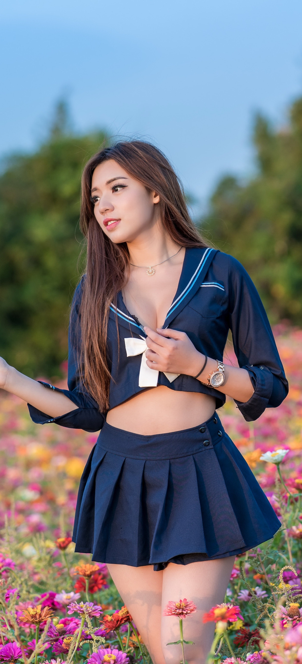 Chinese Model Sailor Uniform Bare Midriff Skirt Women Outdoors Asian 1228x2700