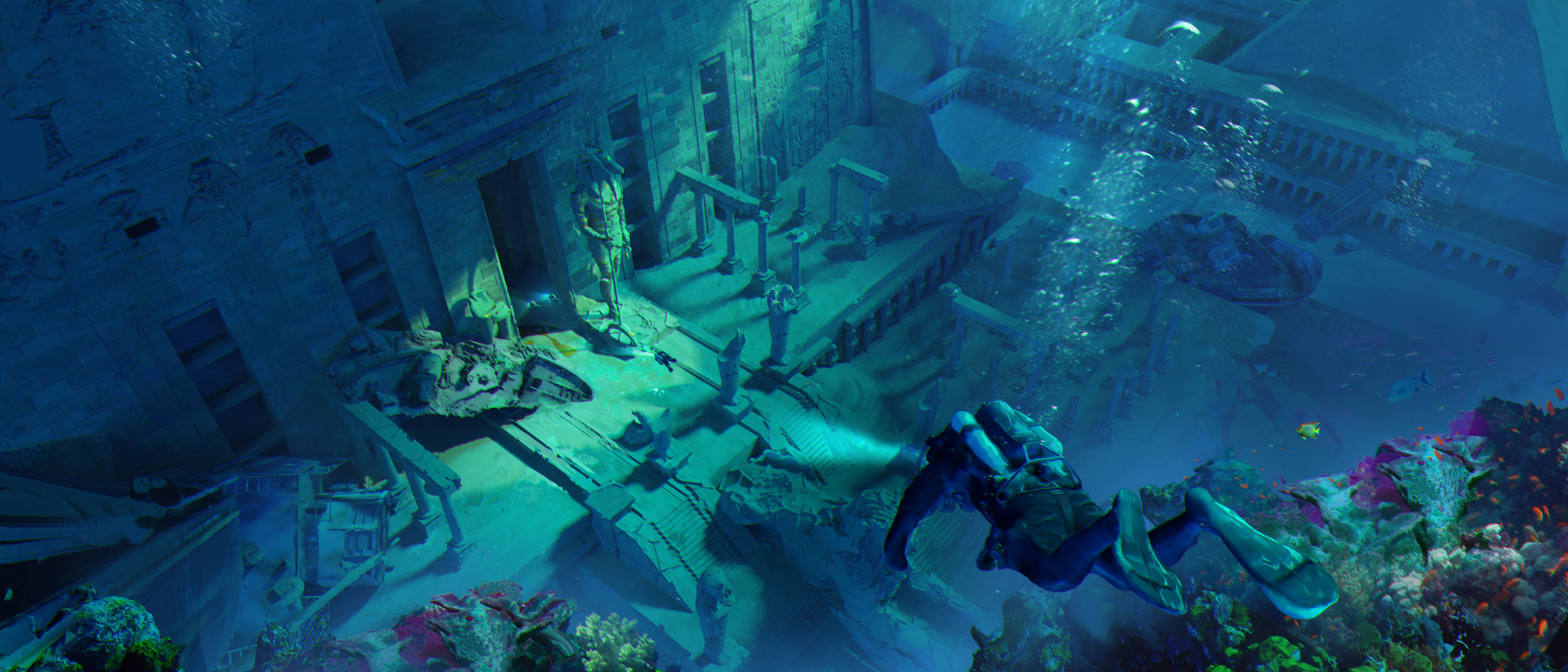Artwork Digital Art Sunken Cities Divers Decay Underwater Diving Diving Suits Anubis Coral Water 3840x1646