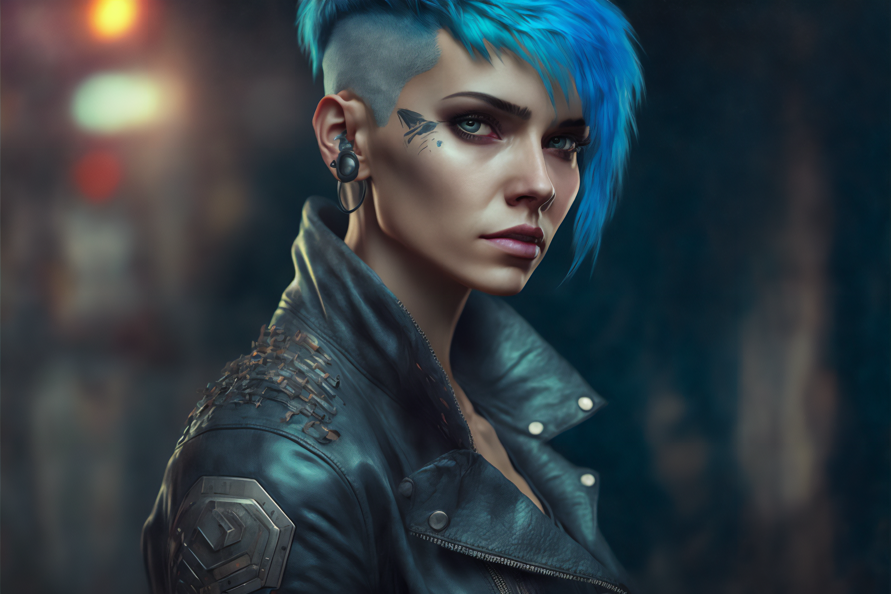 Ai Art Cyberpunk Blue Hair Women Leather Jacket Illustration 3072x2048
