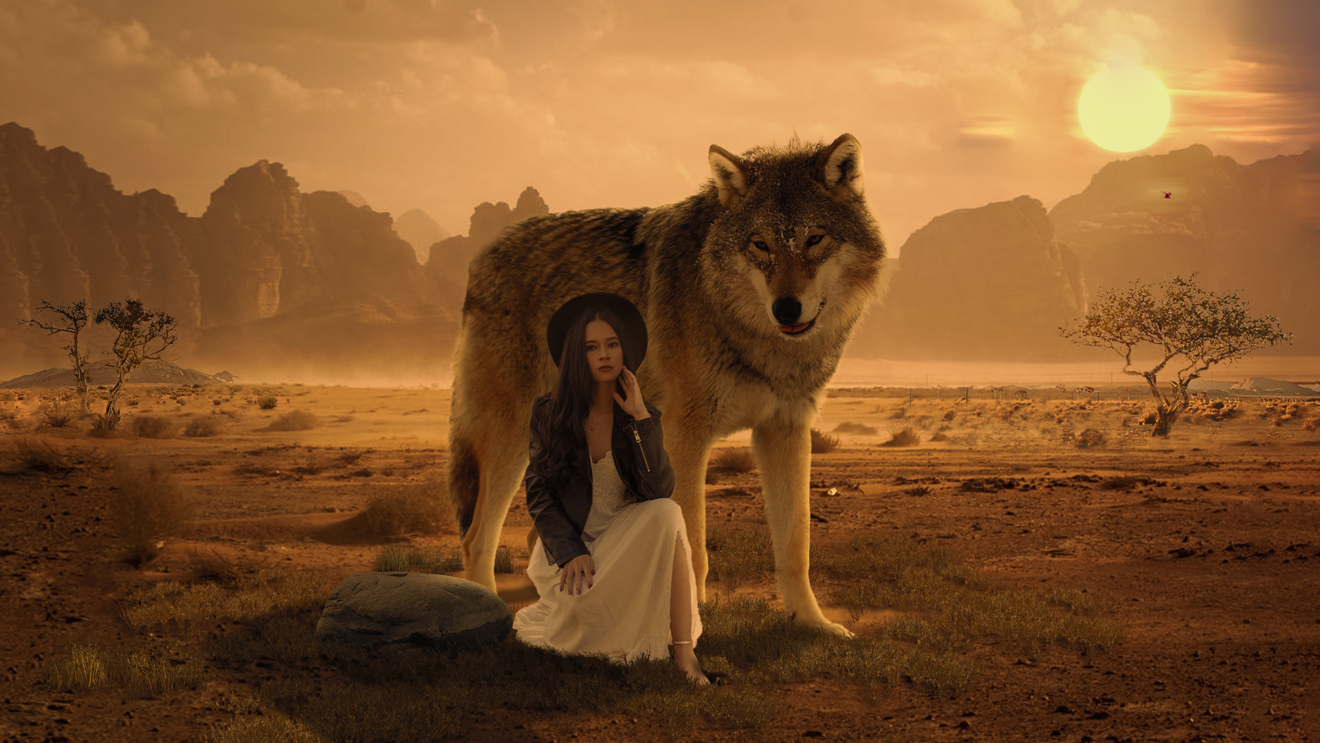 Wolf Photoshopped Women Desert Fantasy Girl Animals Sunset 1920x1080