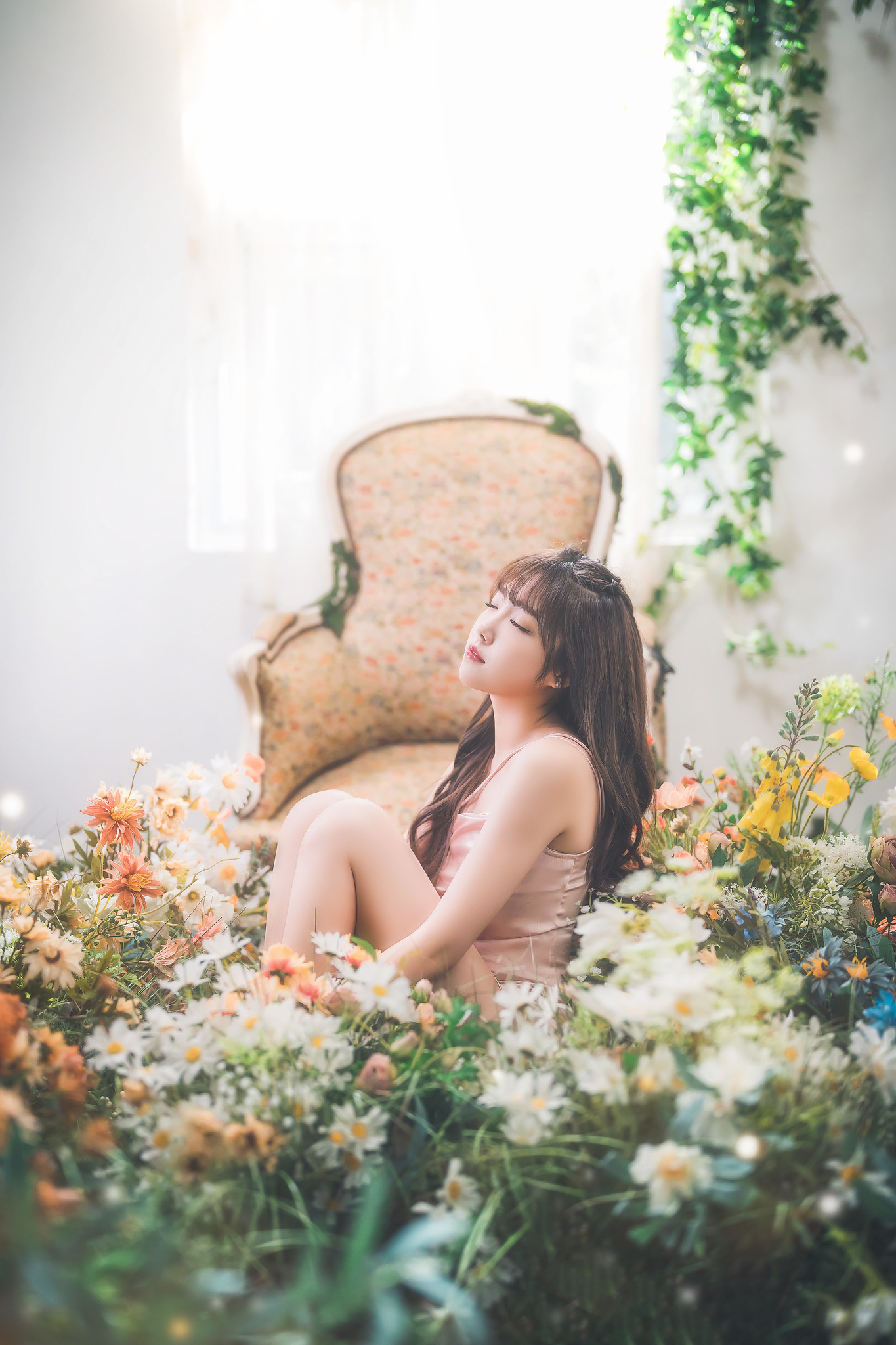 Women Asian Model Closed Eyes Brunette Sitting Knees Together Long Hair Chair Flowers Plants 1365x2048