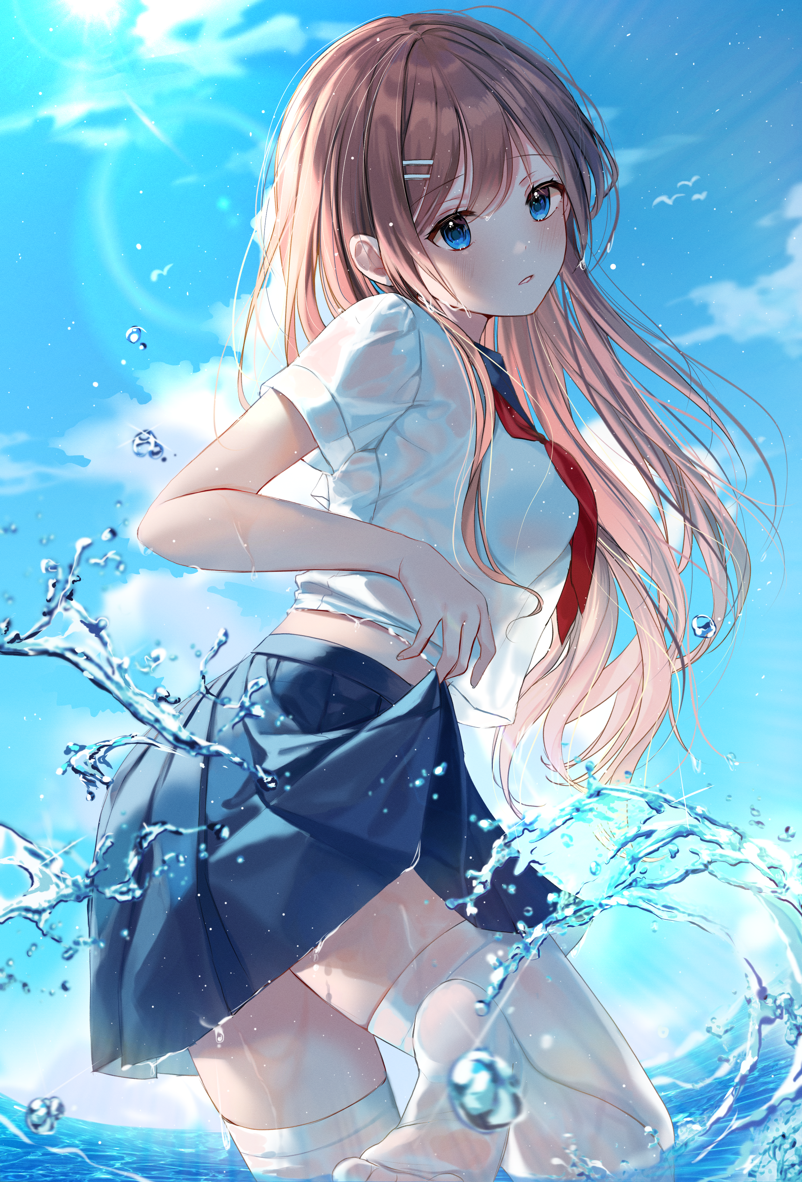 Anime Anime Girls Brunette Blue Eyes Long Hair Anime Sky Water In Water Water Splash Tie Looking At  2716x4000