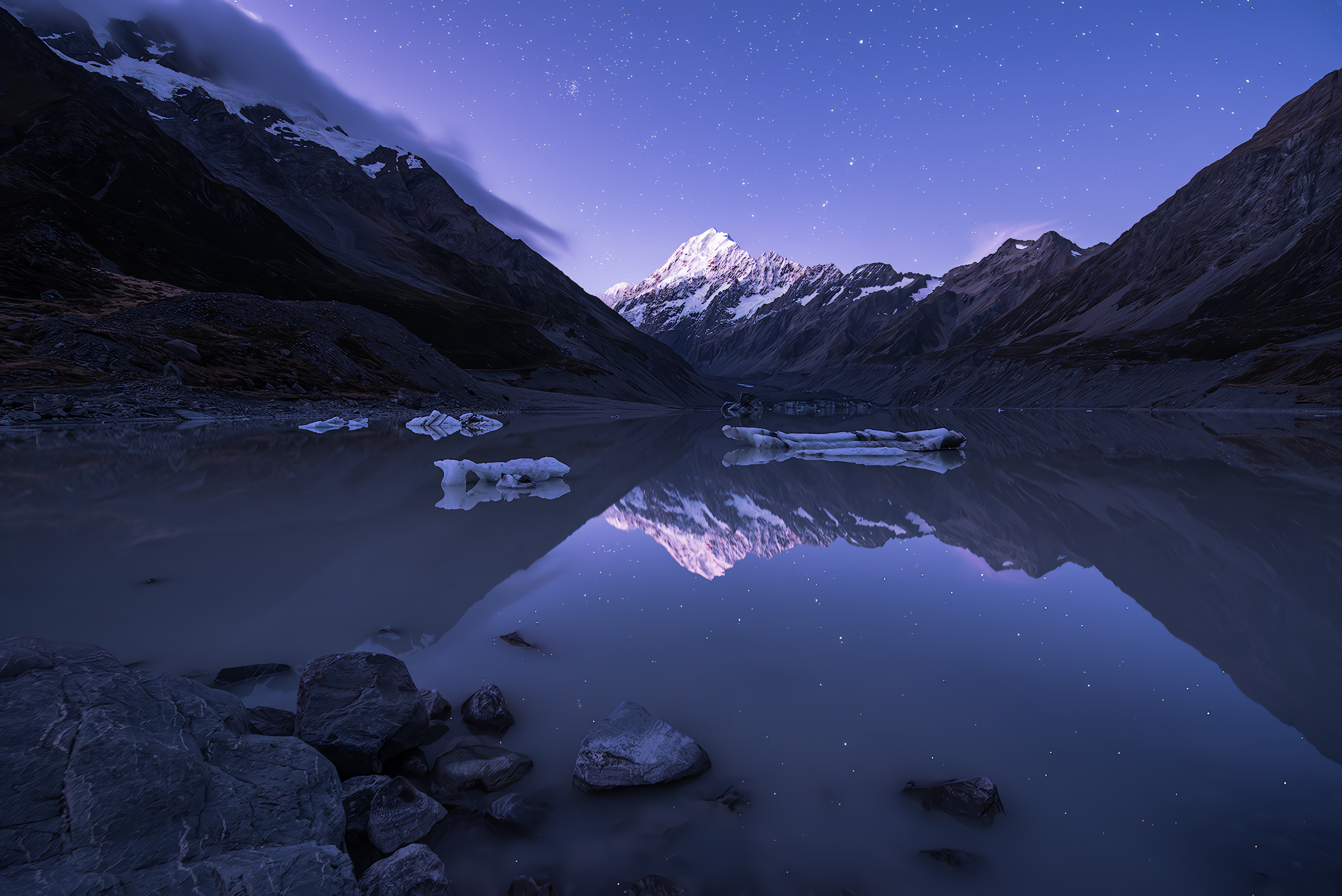 Mountains Snow Water Clear Sky Stars Reflection Nature Sky Rocks Mt Cook New Zealand 2600x1736
