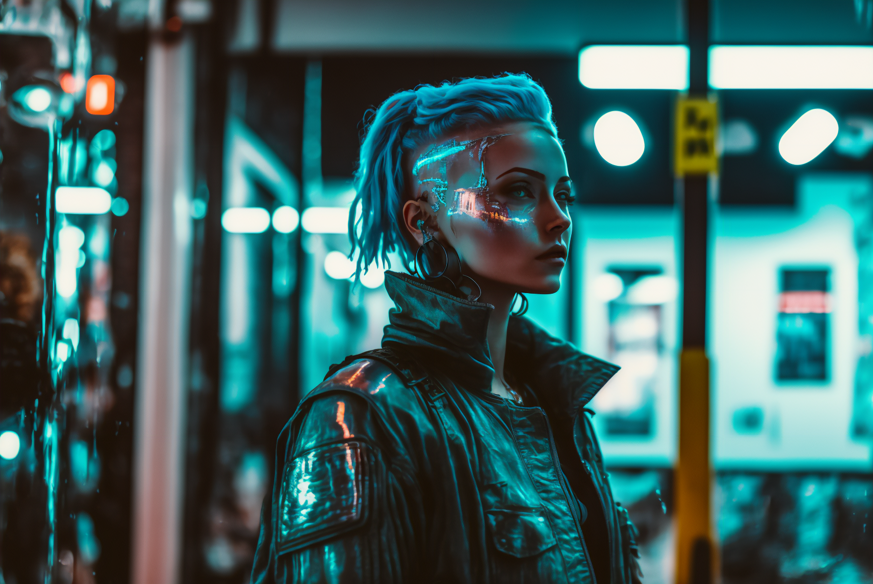 Ai Art Women Cyberpunk City Street Leather Jacket Night Bokeh 3060x2048