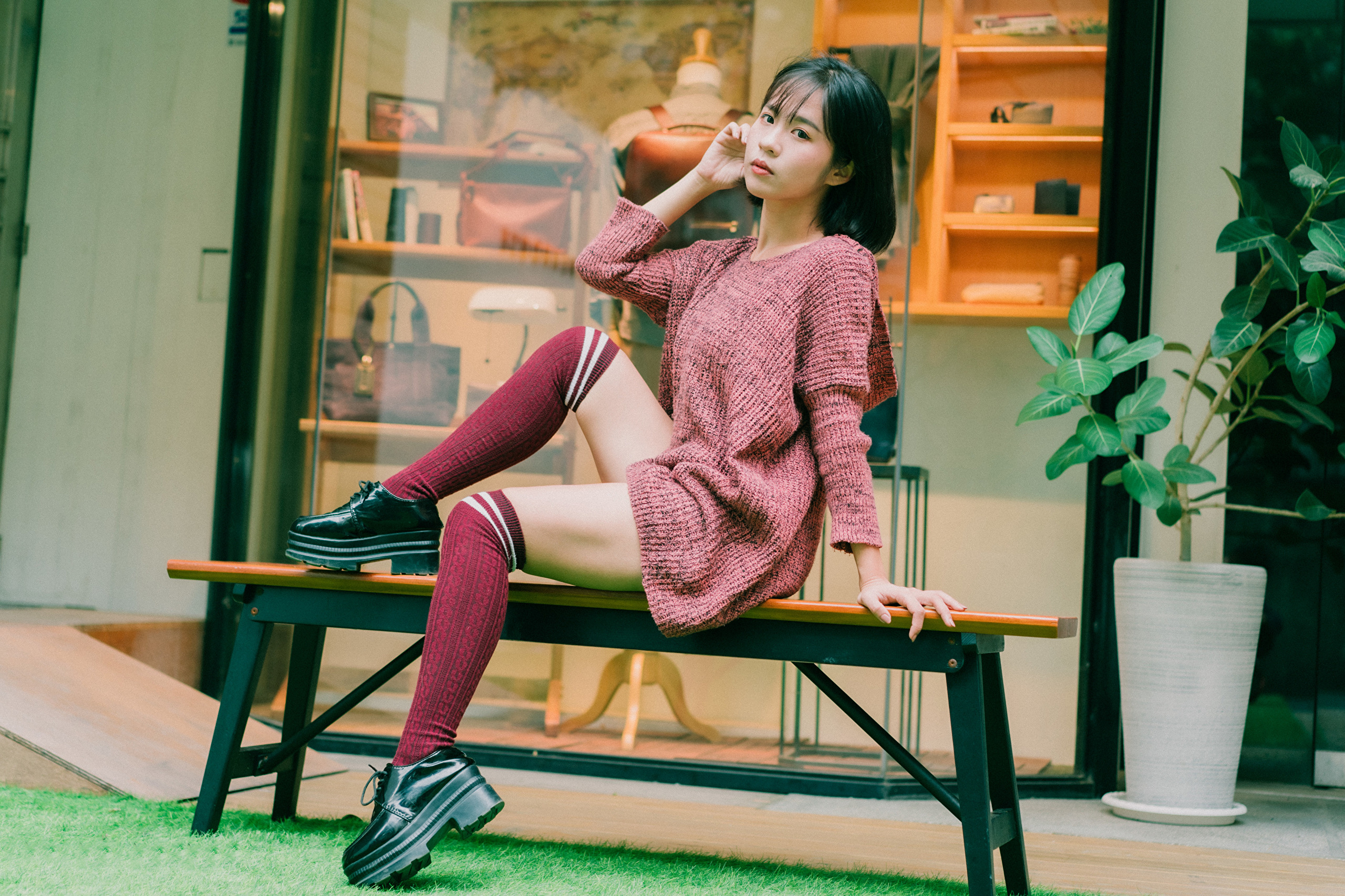 Asian Model Women Long Hair Dark Hair Sitting Knee High Socks Bench 2560x1706